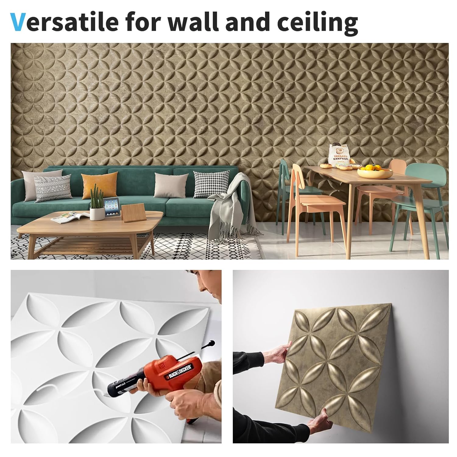 Art3d Paneles de pared 3D texturizados, paneles de pared de PVC para decoración de pared interior, paquete de 12 azulejos de 32 pies cuadrados, oro