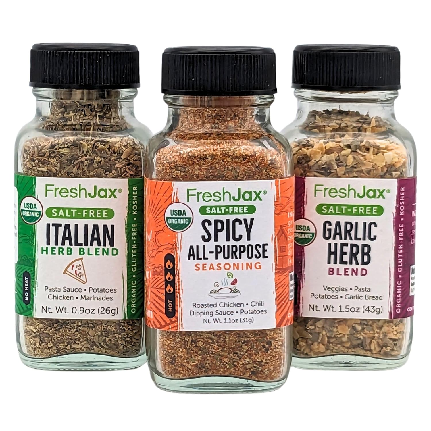 FreshJax Paquete de muestra de condimentos sin sal  3 mezclas picante para todo propósito, hierba italiana y gralic  Hecho a mano en Jacksonville,