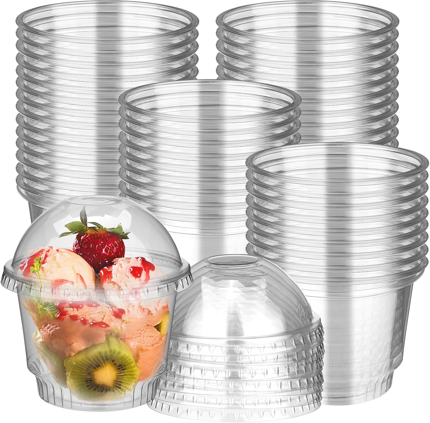 Giwrmu 50 tazas de postre de plástico transparente de 8 onzas con tapa de cúpula, tazas desechables para helado y tazas de parfait, vasos de