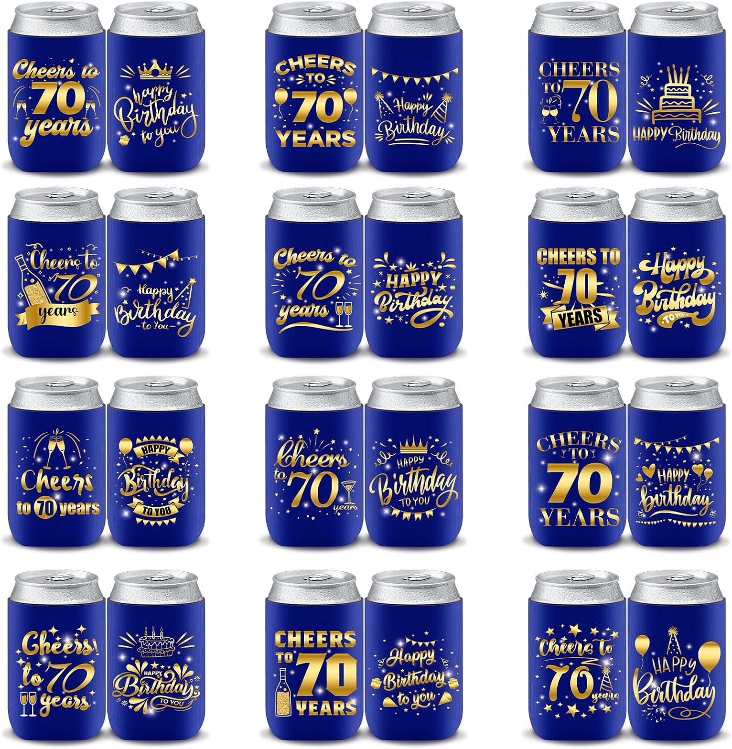 24 fundas enfriadoras para latas de cumpleaños 70, decoración de cumpleaños de 70 años azul y dorado para hombres y mujeres, para fiestas de