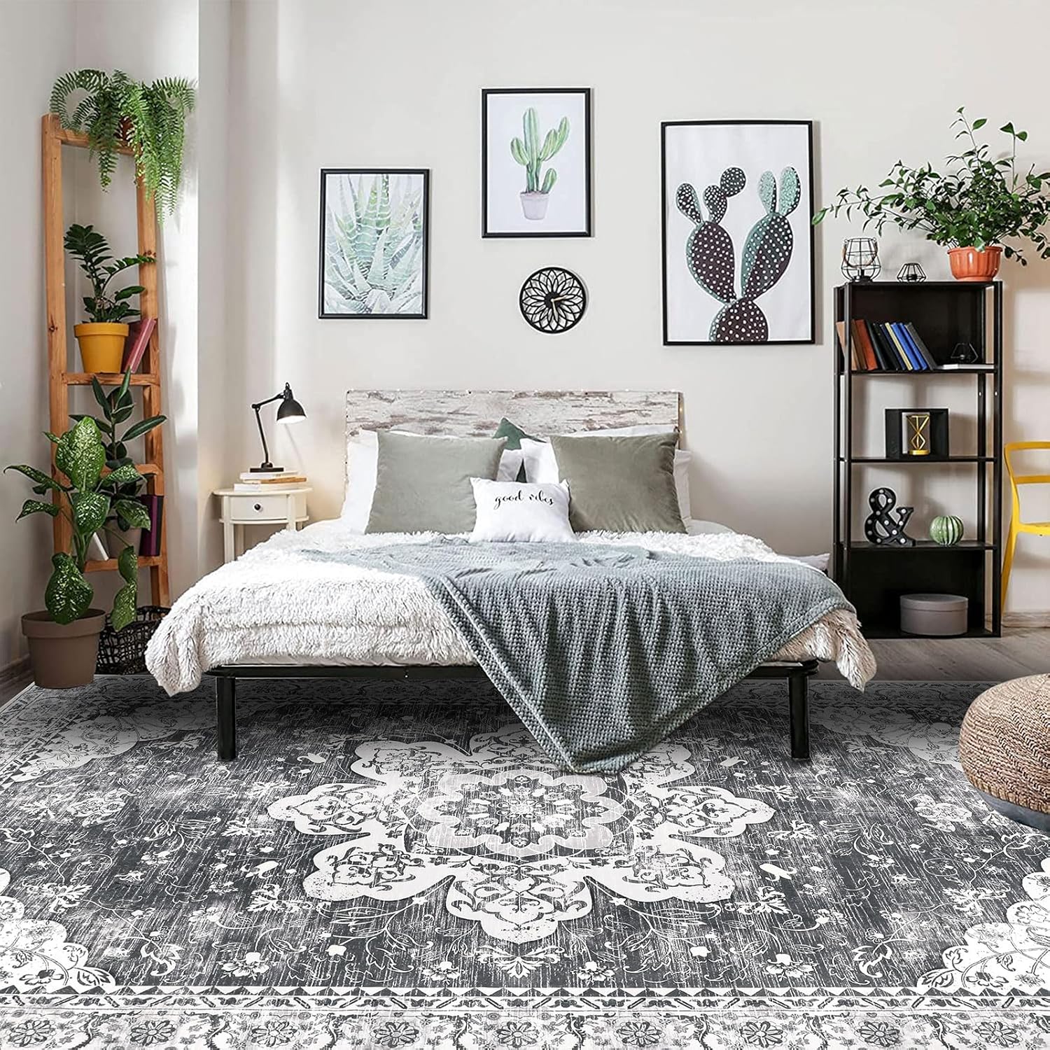 Ileading Alfombra bohemia vintage de 6 x 9 pies, lavable a máquina, de pelo bajo, no desprende pelusa, antideslizante, para dormitorio, comedor,