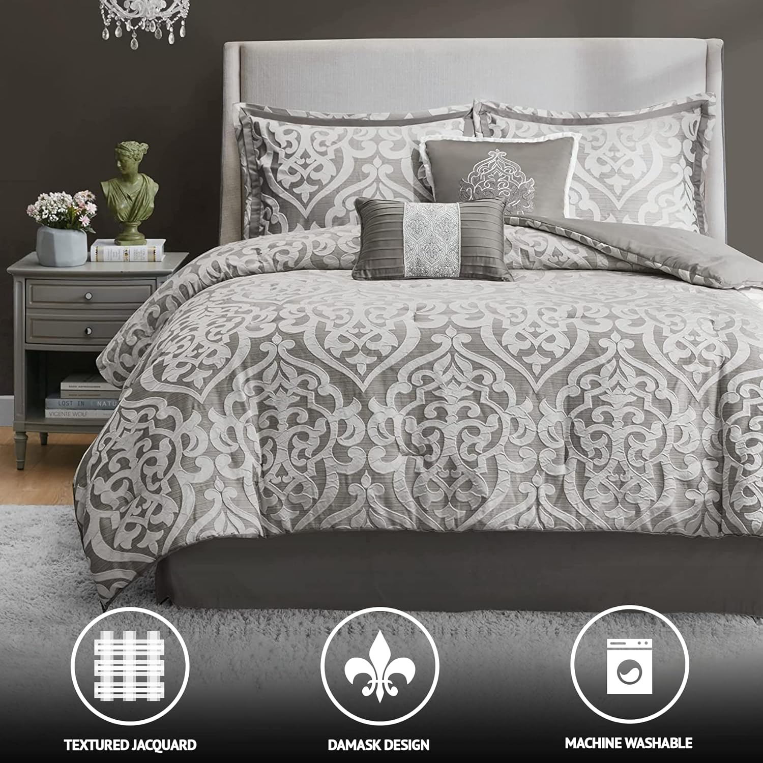 Madison Park Tesla – Juego de edredón acogedor jacquard con diseño de medallón de damasco, ropa de cama alternativa para todas las estaciones,
