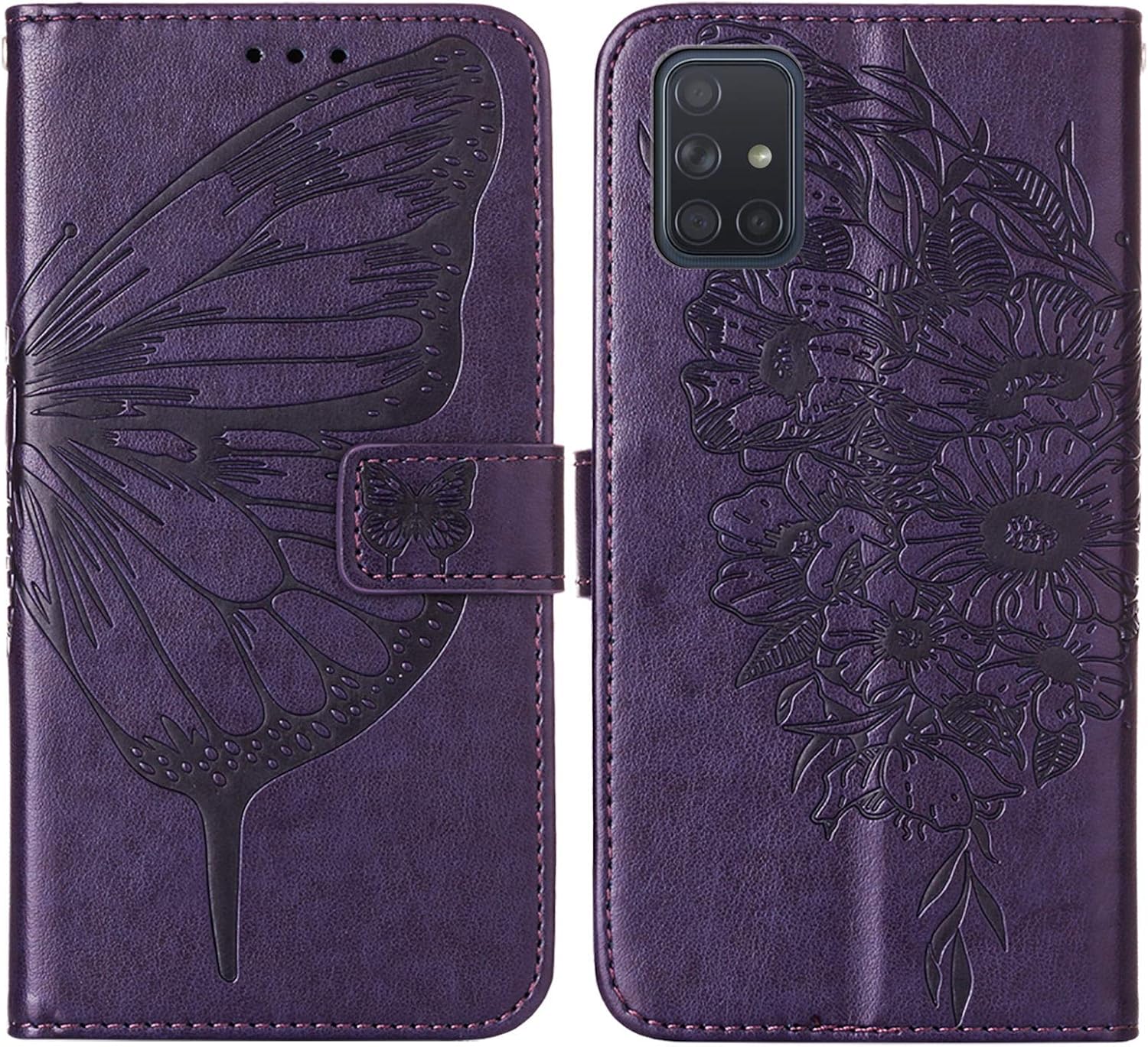 Funda A51 para Samsung A51, función atril, correa de muñeca, ranuras para tarjetero, diseño floral de mariposa en relieve, funda protectora de piel