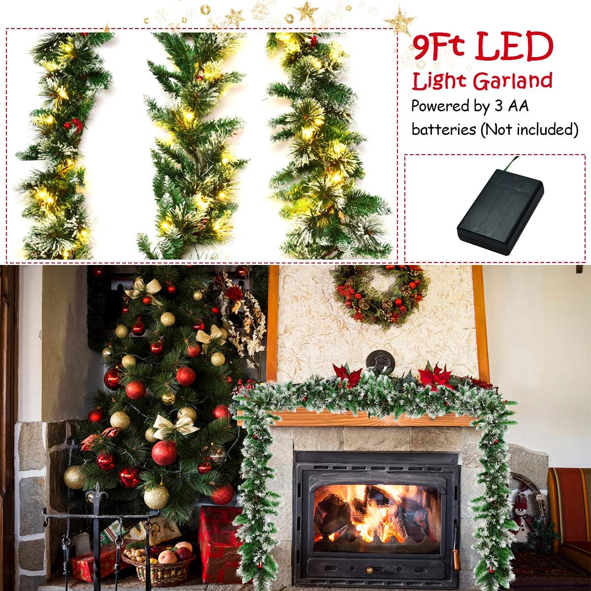 Goplus Guirnalda de Navidad preiluminada de 9 pies, ratán de pino artificial de Navidad con temporizador, 50 luces LED y bayas rojas, ideal para