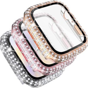 Fullife – Paquete de 3 carcasas con diamantes de cristal de imitación compatibles con Apple Watch de 1.57pulgadas, con protector con vidrio templado Fullife – Paquete de 3 carcasas con diamantes de cristal de imitación compatibles con Apple Watch de 1.57pulgadas, con protector con vidrio templado
