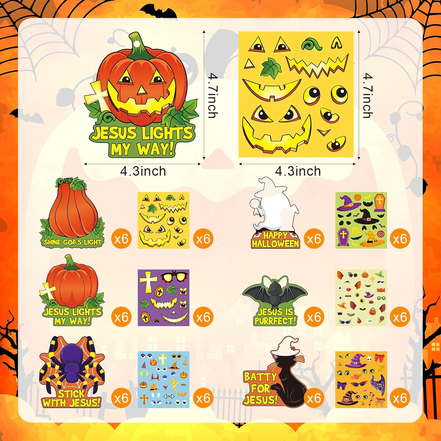 Outus 36 juegos de calcomanías de calabaza cristiana de Jesús cristiano, kits de manualidades de calabaza religiosa, adornos de Halloween,