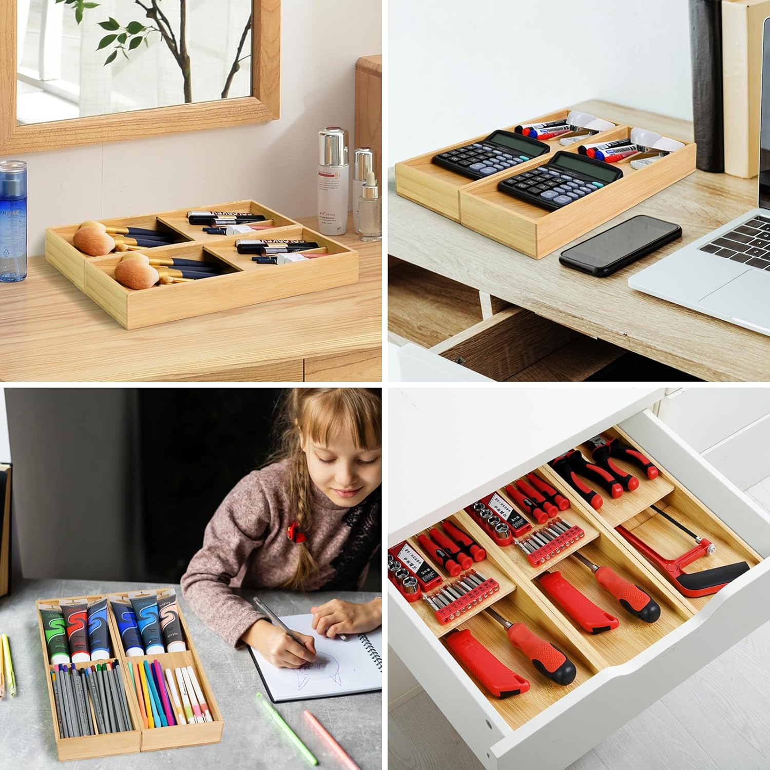 Ollieroo Organizador de cajones de cubiertos de bambú, organizador de cajones de cocina compacto para cubiertos, soporte de utensilios para