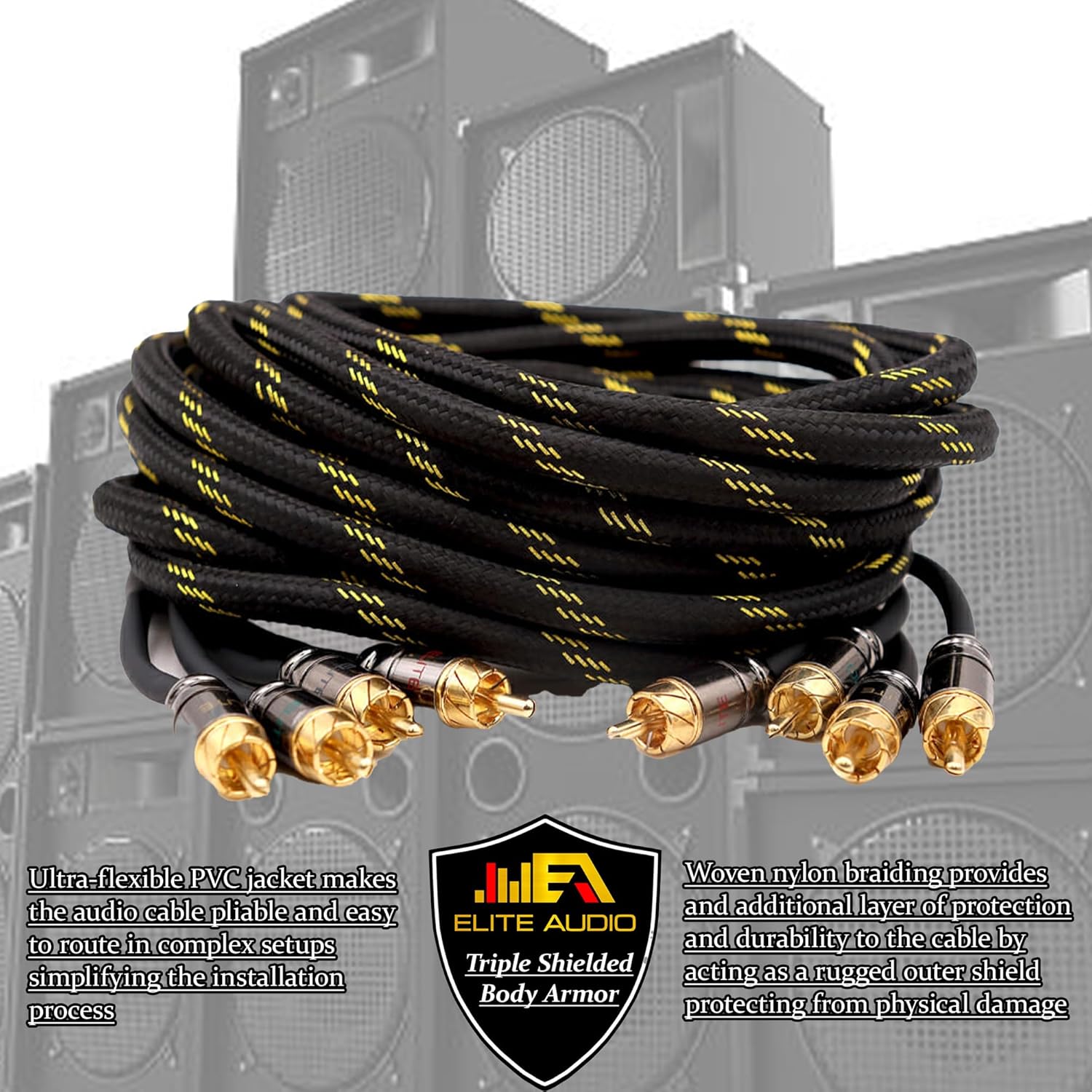Elite Audio EA-PRO617 Cable RCA de cobre libre de oxígeno de 6 Ch de grado profesional de 17 pies – Conectores de latón, armadura triple blindada