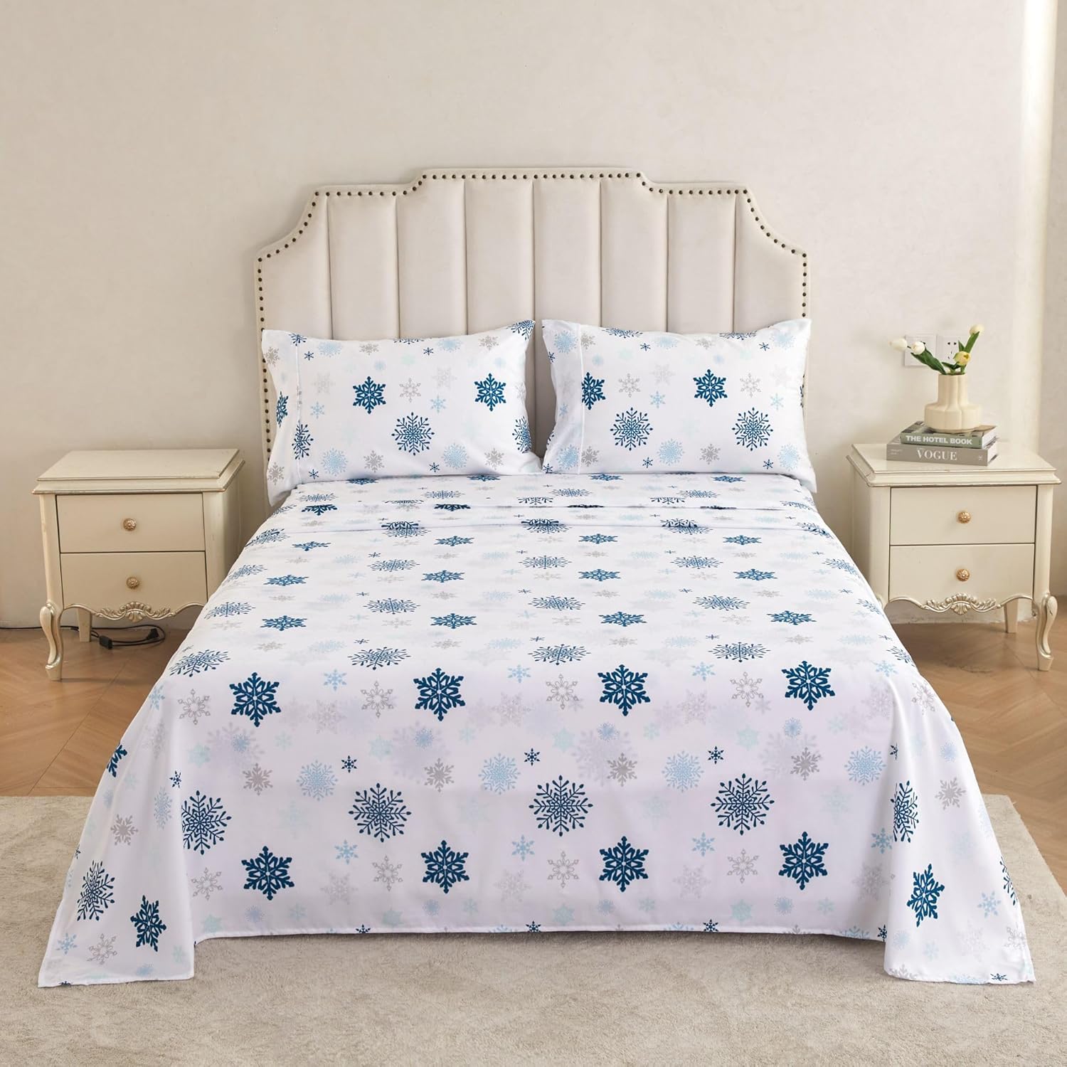 Mooreeke Sábanas matrimoniales navideñas con estampado de copos de nieve, juego de sábanas de tamaño matrimonial con bolsillo profundo, sábana