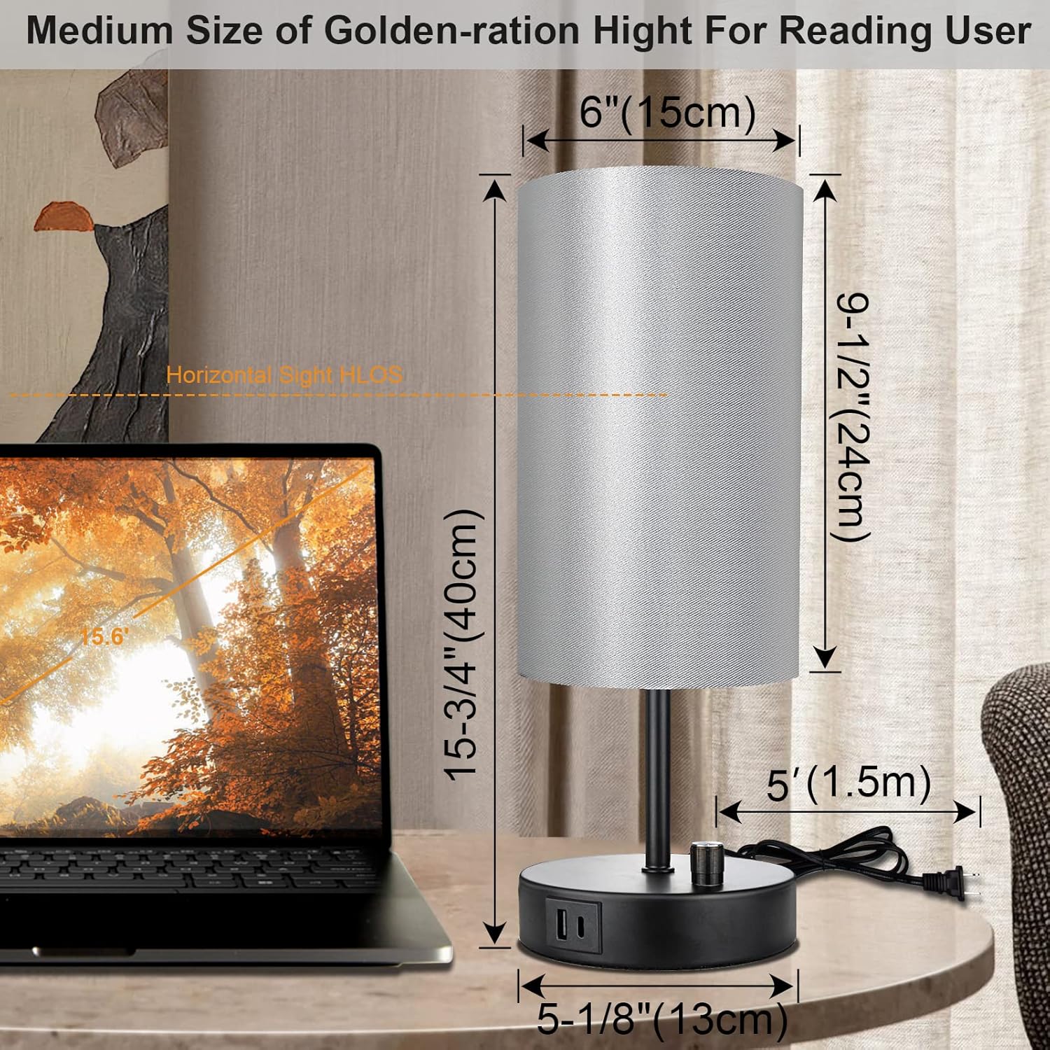 Lámparas de mesita de noche de 15.75 pulgadas con puertos USB A+C y salida de CA, pequeña luz de mesita de noche para dormitorios, lámpara de