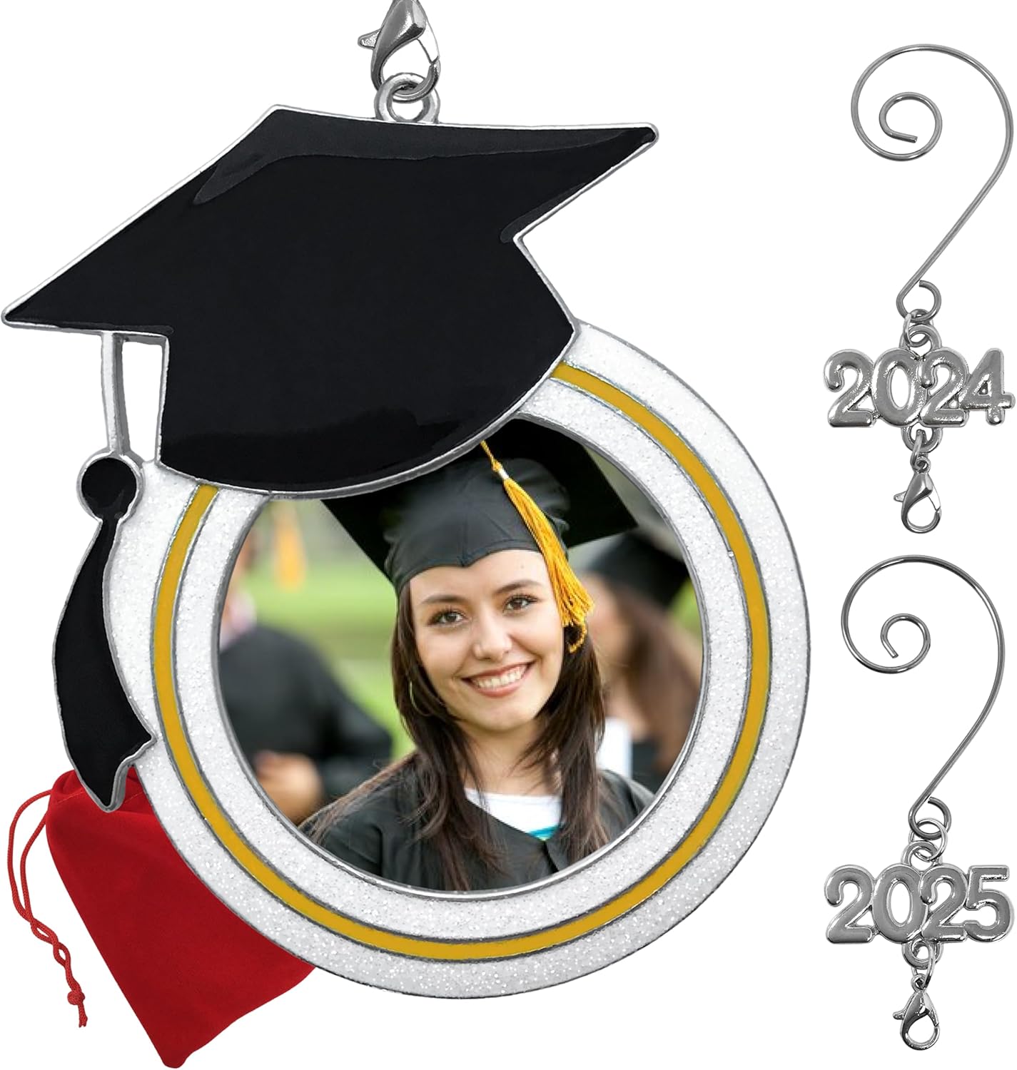 Adorno de fotos de Navidad de graduación para 2024 y 2023  Diseño de sombrero de graduación Felicitaciones para estudiantes de último año bolsas de
