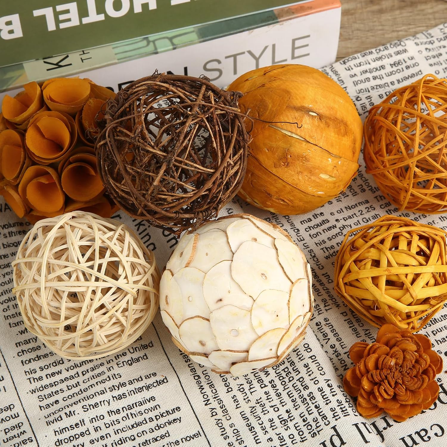 Bolas decorativas de otoño para decoración del hogar, juego de 6 bolas de mimbre de ratán de tono natural para decoración del hogar, centros de