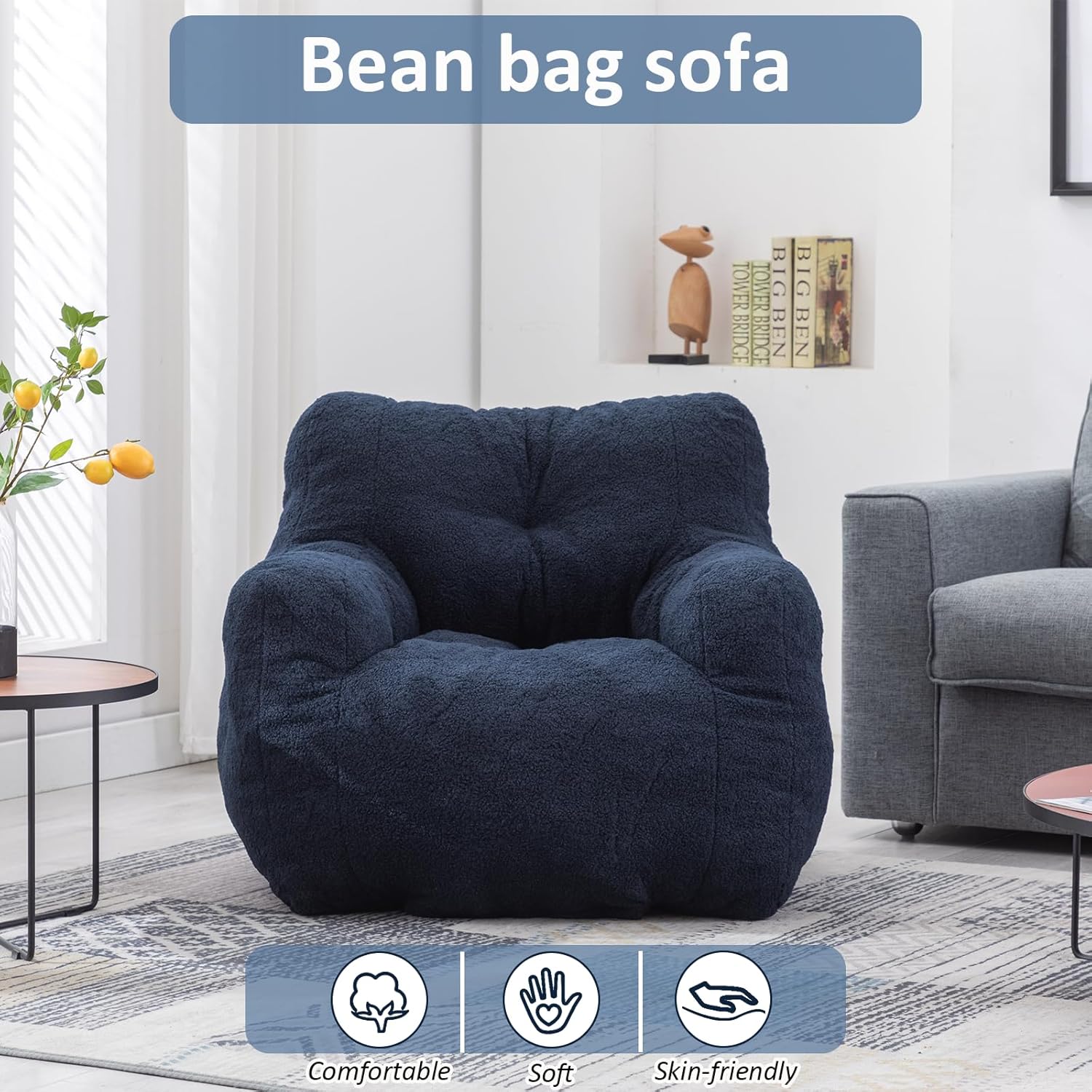 Hison Puf para adultos y niños, tela de peluche, sofá esponjoso y perezoso, relleno de esponja viscoelástica, sofá con reposabrazos para sala de