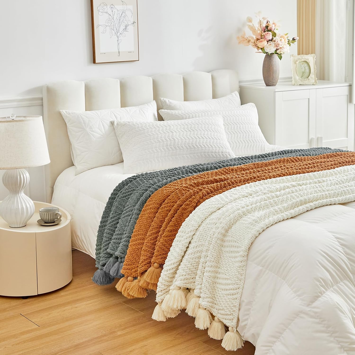Manta de punto naranja óxido con flecos, manta de punto grueso de felpilla suave y ligera para sofá, cama, exteriores y viajes, 51 x 63 pulgadas,