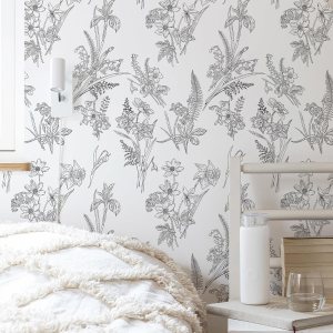 Papel tapiz floral en blanco y negro, papel de contacto floral para gabinetes, autoadhesivo, extraíble, para dormitorio, decoración moderna de pared Papel tapiz floral en blanco y negro, papel de contacto floral para gabinetes, autoadhesivo, extraíble, para dormitorio, decoración moderna de pared