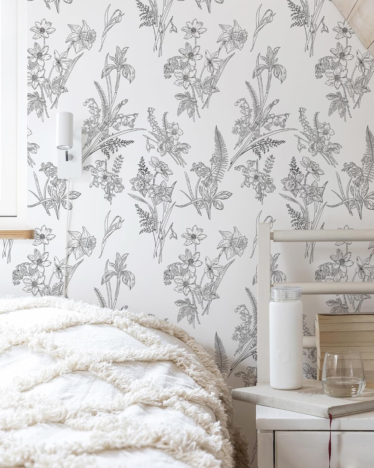 Papel tapiz floral en blanco y negro, papel de contacto floral para gabinetes, autoadhesivo, extraíble, para dormitorio, decoración moderna de pared