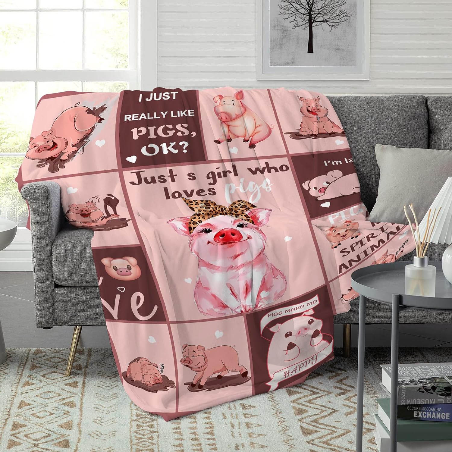 Manta de franela de cerdo lindo para niñas y niños, manta de forro polar con texto en inglés “I Just Really Like Pigs”, súper suave y mullida, con