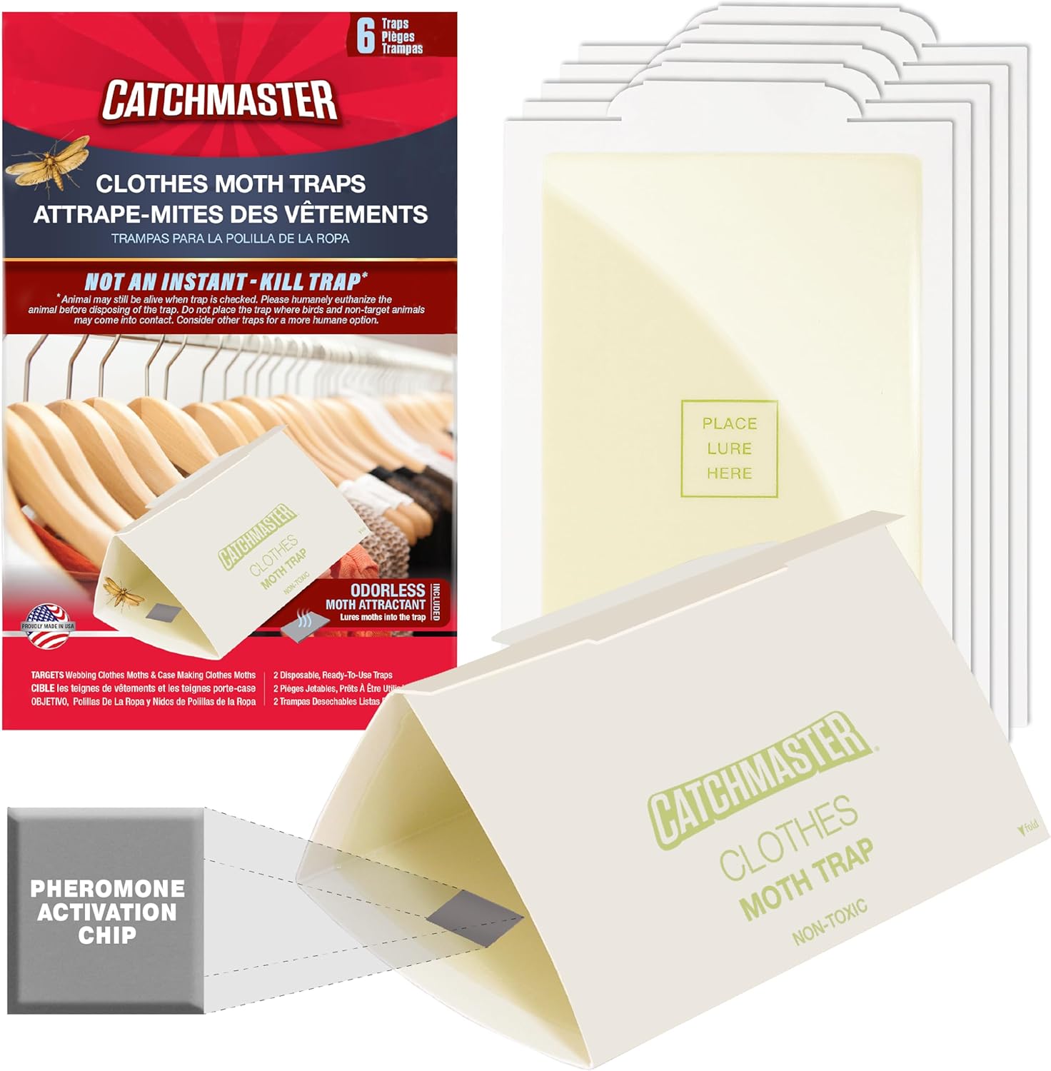 Catchmaster Trampas para polillas de ropa para casa, 6 unidades, trampas de pegamento para almacenamiento de armario, atrapador de insectos pegajoso