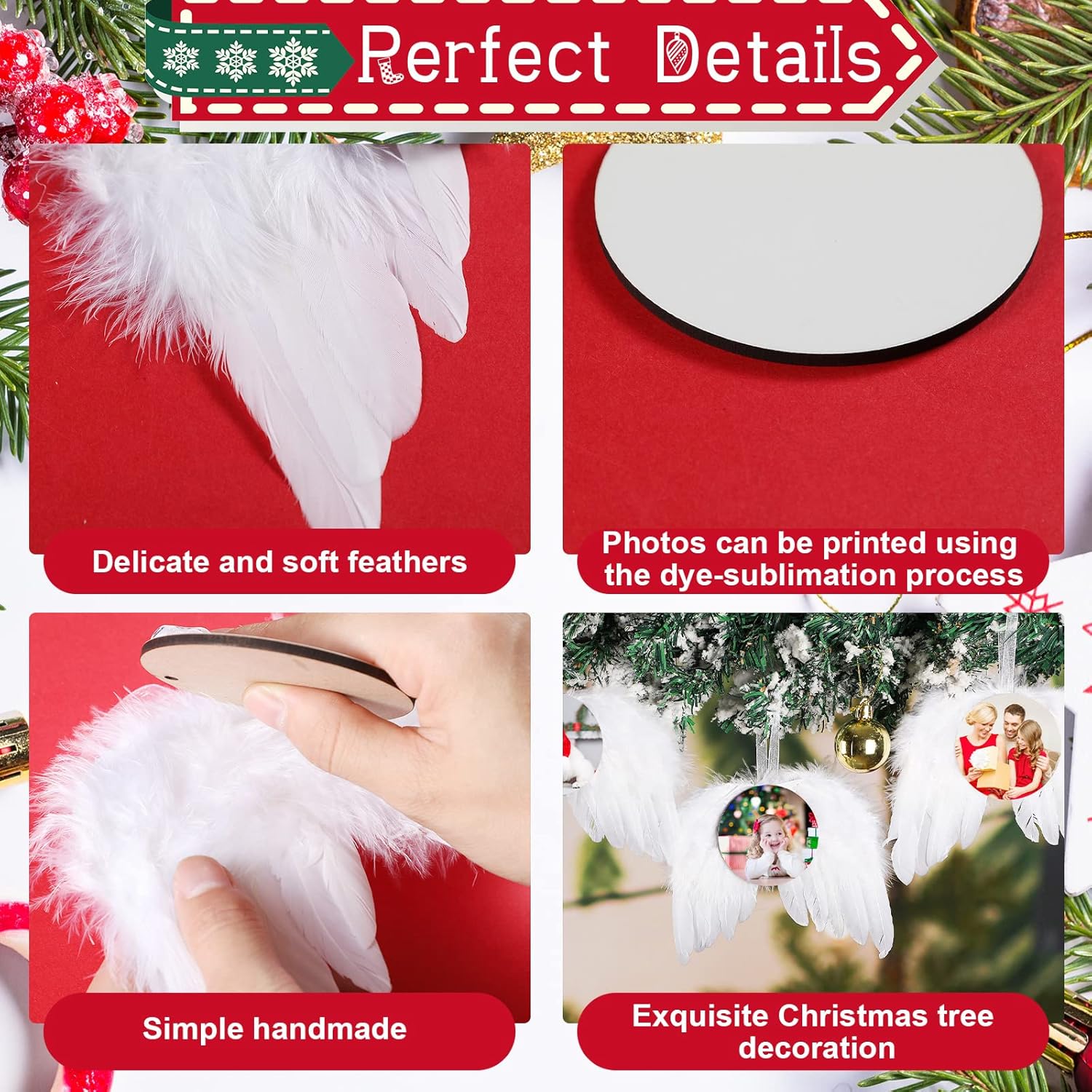 Adorno navideño para colgar con alas de ángel blancas, decoración colgante de plumas con sublimación en blanco para árbol de Navidad, manualidades,