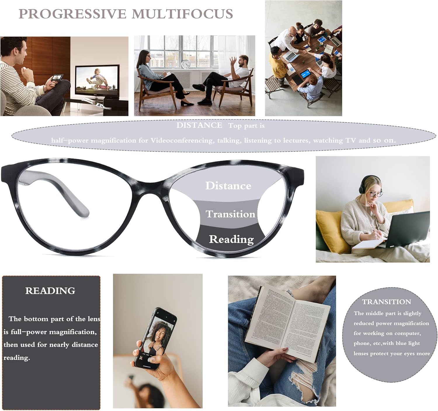 Paquete de 4 lentes de lectura multifocales progresivos de ojo de gato para mujeres, lectores con bloqueo de luz azul con bisagras de resorte