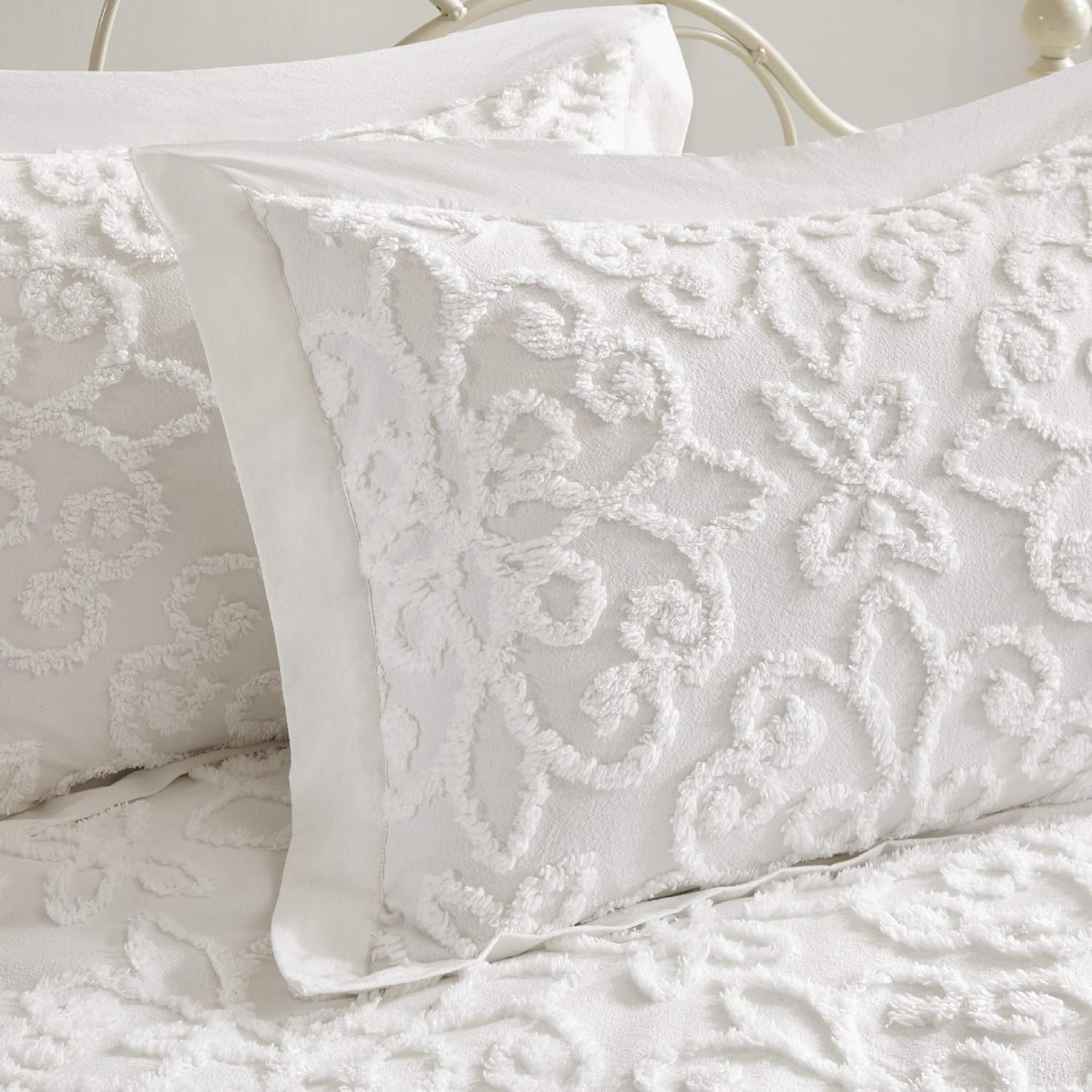 MISC Juego de cama de chenilla blanca brillante, patrón de medallón, ropa de cama de tela de algodón suave con textura, estilo Shabby Chic, 5 piezas