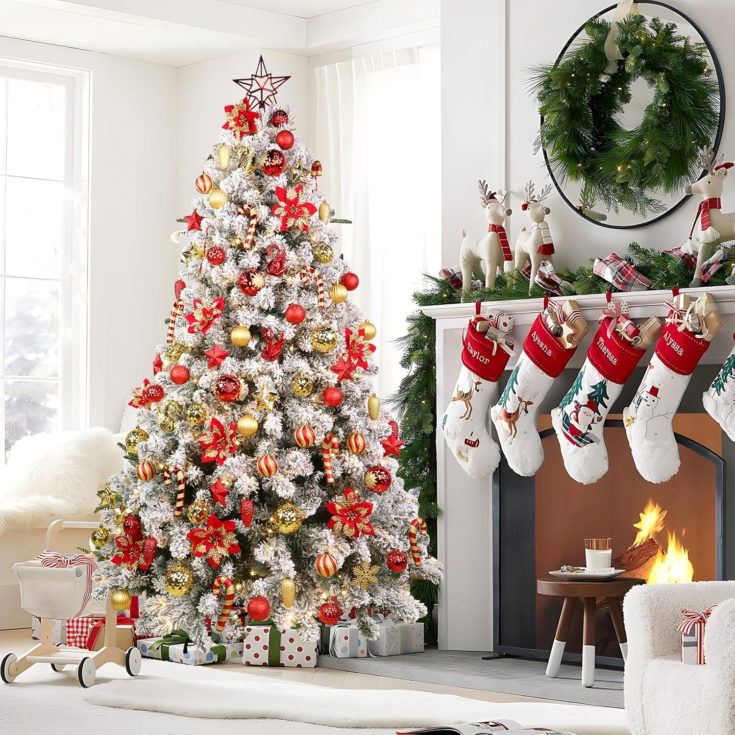 Alupssuc Juego de 128 adornos de bolas de Navidad, bolas de plástico inastillables, flores de Navidad, cinta y adorno para árbol de Navidad,