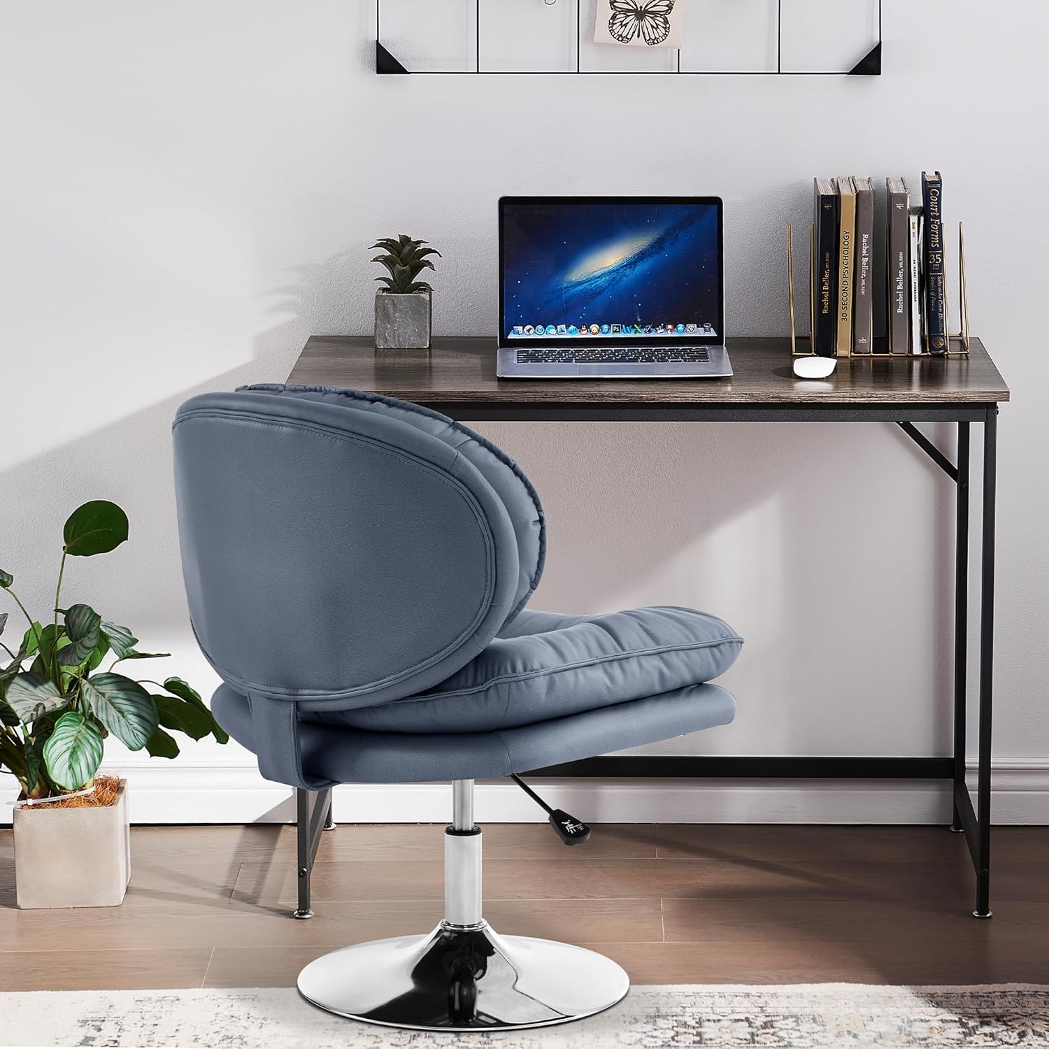 MCombo Silla giratoria con ajuste de altura, silla de escritorio tapizada para sala de estar oficina 4846 (azul, base redonda)