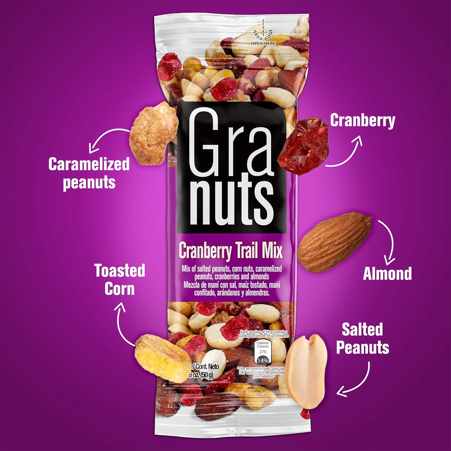 Granuts Mezcla de frutos rojos  Cacahuetes caramelizados  Nueces de maíz crujientes + almendras  Arándanos suaves  Sabores salados + dulces  Snack