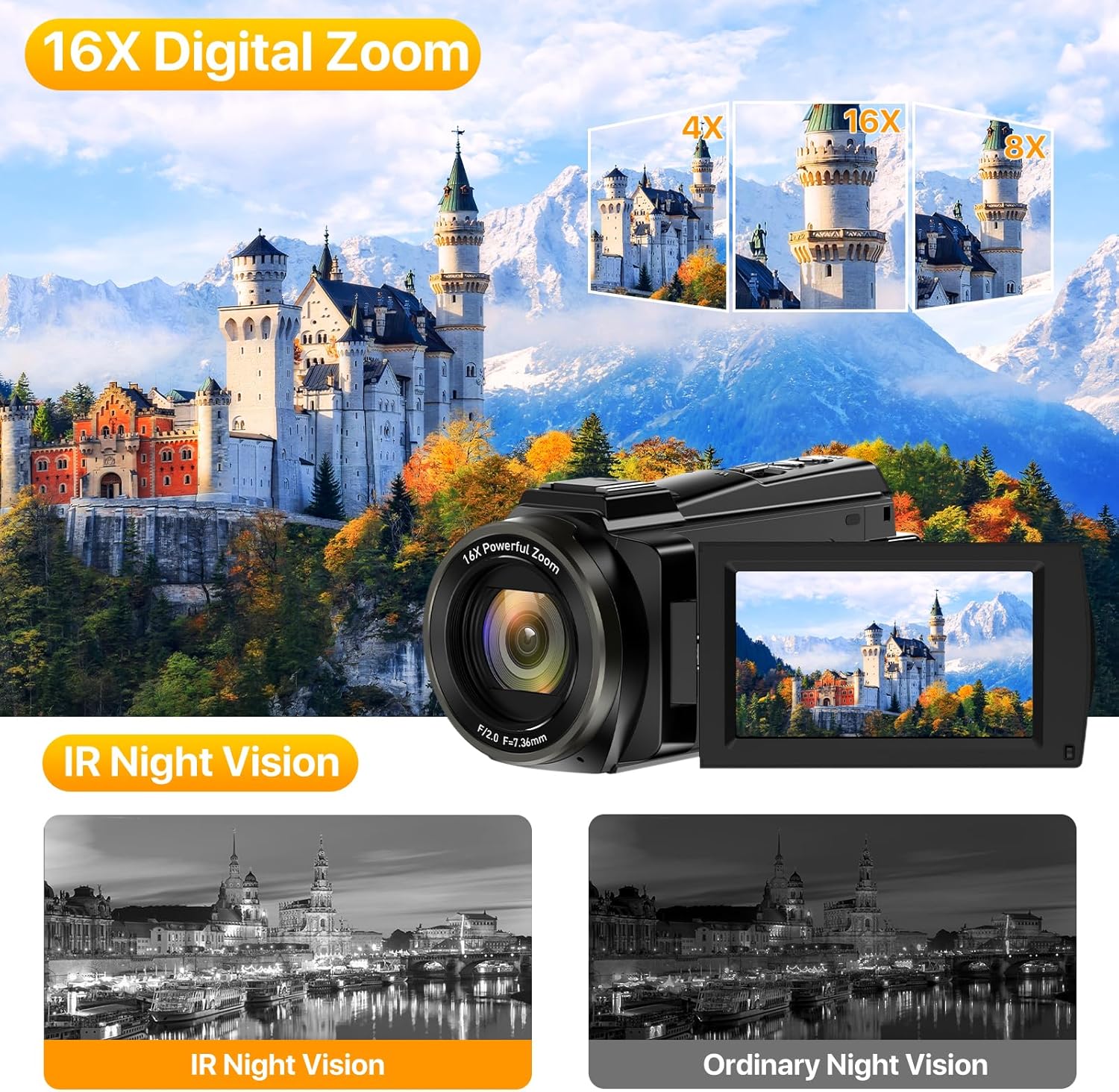 Cámara de video 5K 48MP UHD WiFi IR visión nocturna Vlogging Cámara para YouTube 16X Zoom digital 3 pulgadas Grabadora de cámara con micrófono,