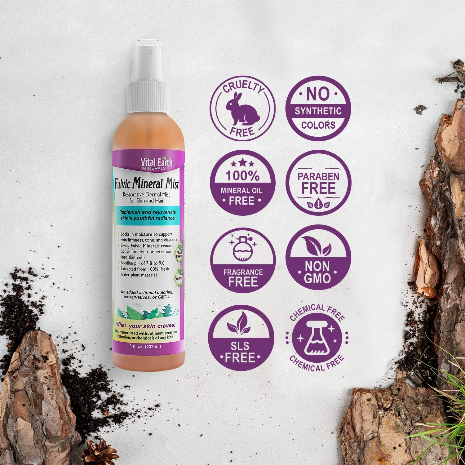 Vital Earth Minerals Fulvic – Bruma facial mineral para el cuidado de la piel y el cabello, espray facial hidratante, renovación celular y