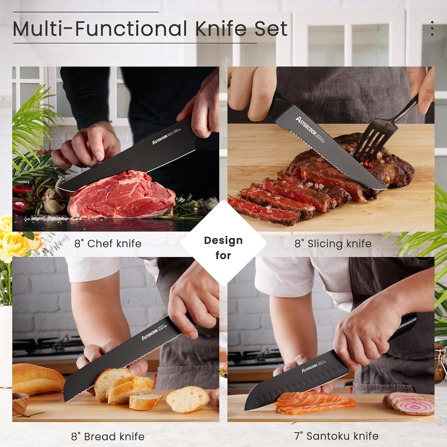 Astercook Juego de cuchillos de cocina, juego de cuchillos de chef de 15 piezas con bloque, mango de acero inoxidable alemán, diseño de una sola