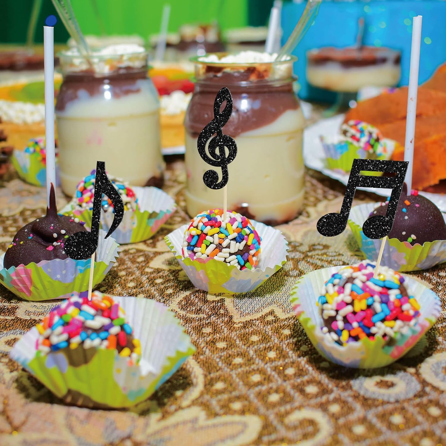 Gyufise 24 piezas de notas musicales para cupcakes, símbolos musicales con purpurina negra, para música rock, concierto, tema de baby shower, boda,