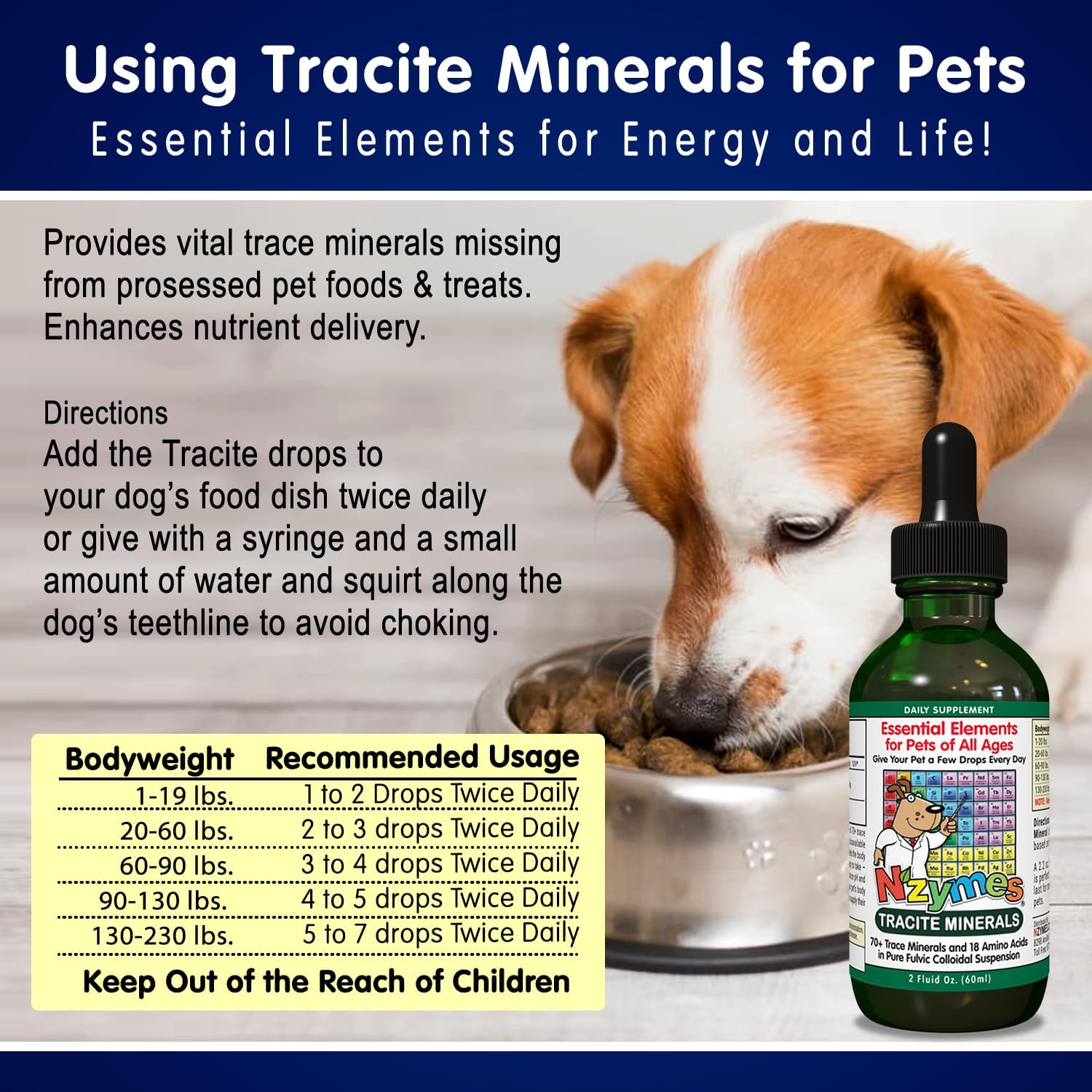 Nzymes Tracite Minerals for Pets – Ácido fúlvico, ácido húmico y gotas minerales traza a base de hierro y aminoácidos para energía ATP, deficiencia