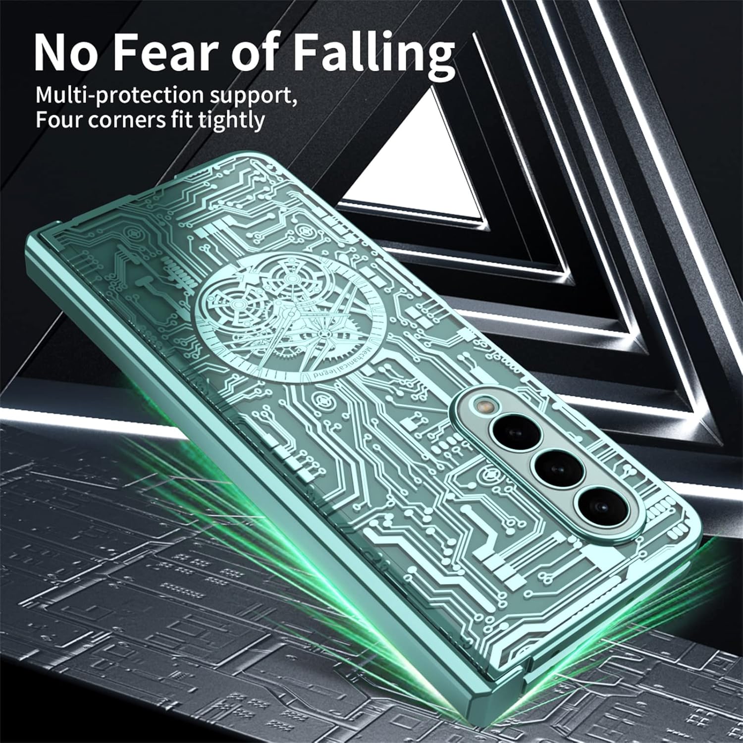 Funda para Samsung Galaxy Z Fold 4 5G, patrón de engranaje mecánico, protección de bisagra, cubierta de policarbonato chapado transparente con