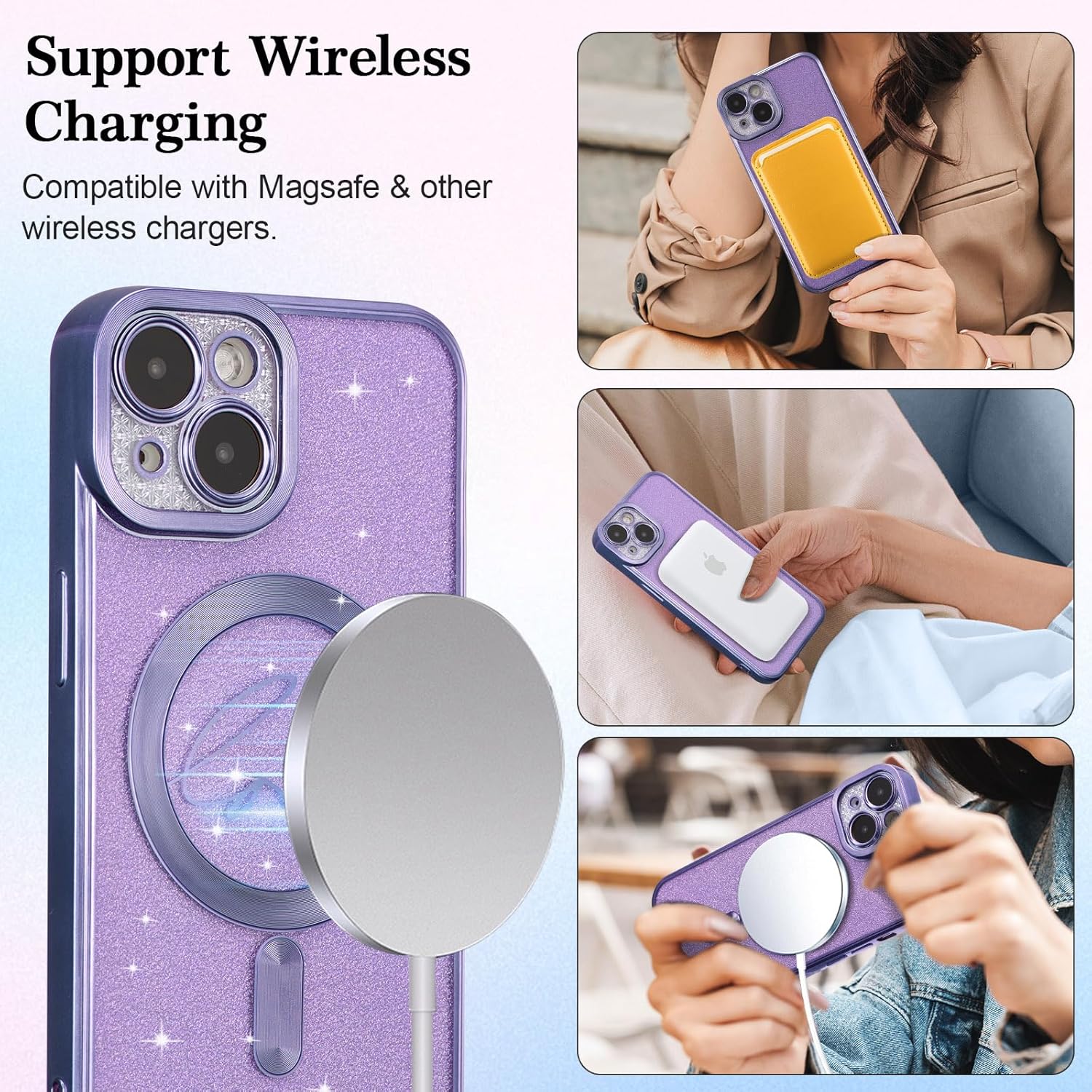 EYZUTAK Funda magnética para iPhone 13, con purpurina brillante de lujo, diseño de corazón chapado en lindo patrón de corazón, compatible con