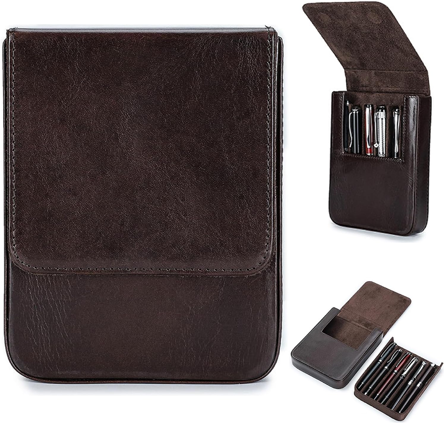 Top Grain – Organizador de 6 bolígrafos y lápices de piel auténtica, diseño de moda sin logotipo, hecho a mano, cierre magnético con diseño de