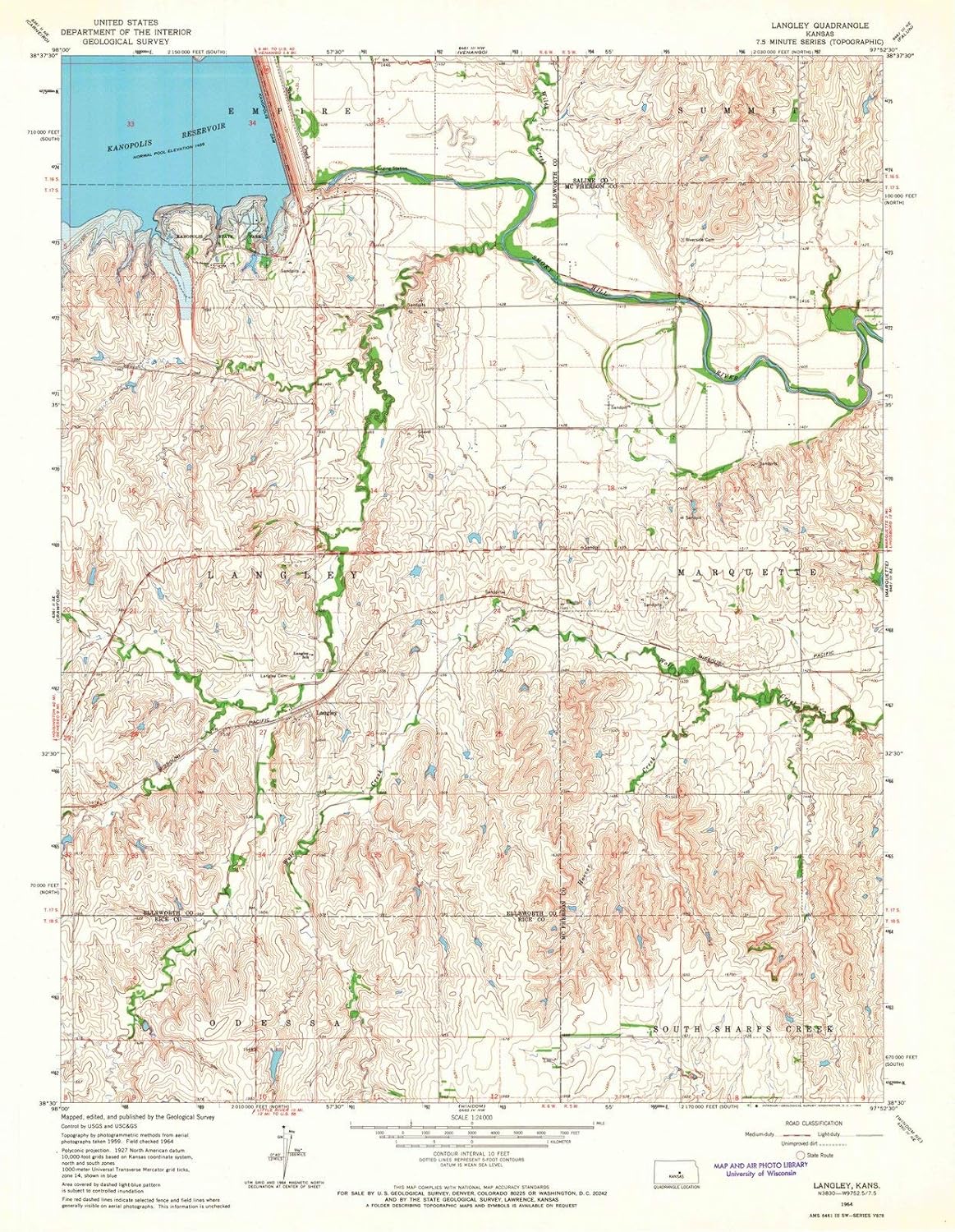 Kansas Maps – 1964 Langley, KS – USGS Arte de pared topográfico histórico – 34 pulgadas x 44 pulgadas