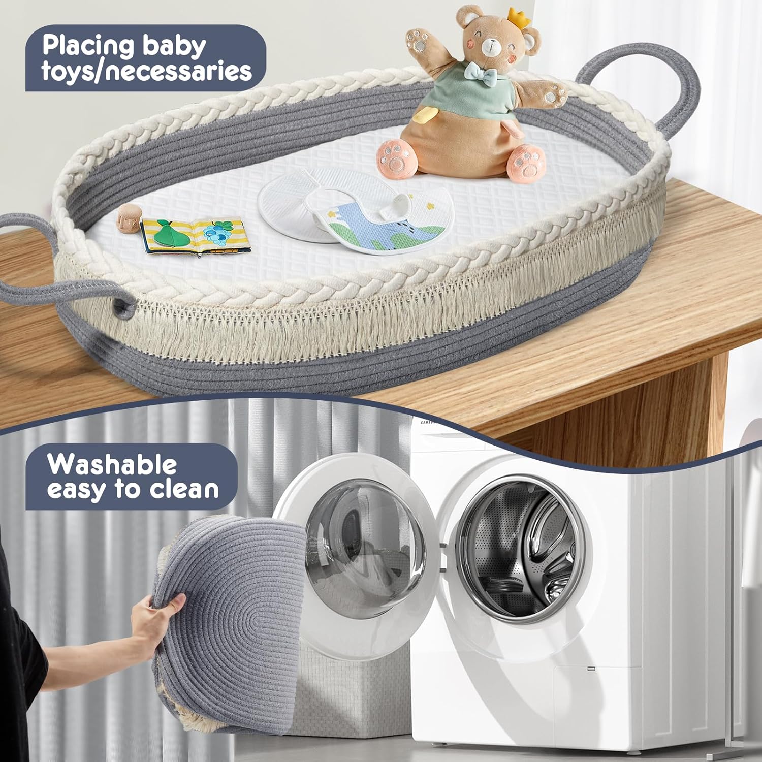 Cesta cambiadora para bebé, cesta de moisés con almohadilla impermeable y manta, cesta tejida portátil y lavable para tocador y cambio de pañales