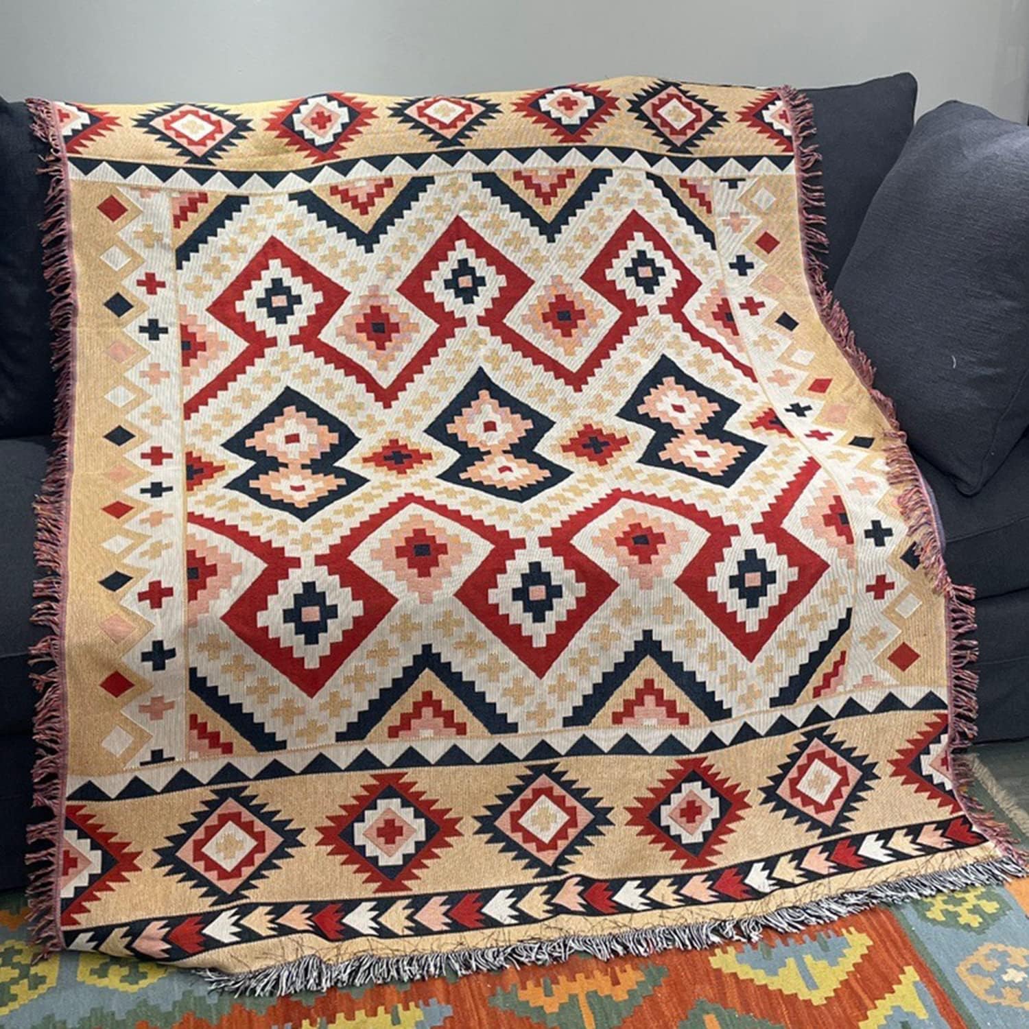 CCHYF Manta azteca del suroeste, manta nativa americana, reversible, decoración bohemia con borlas, manta mexicana para sofá, cama, sala de estar,