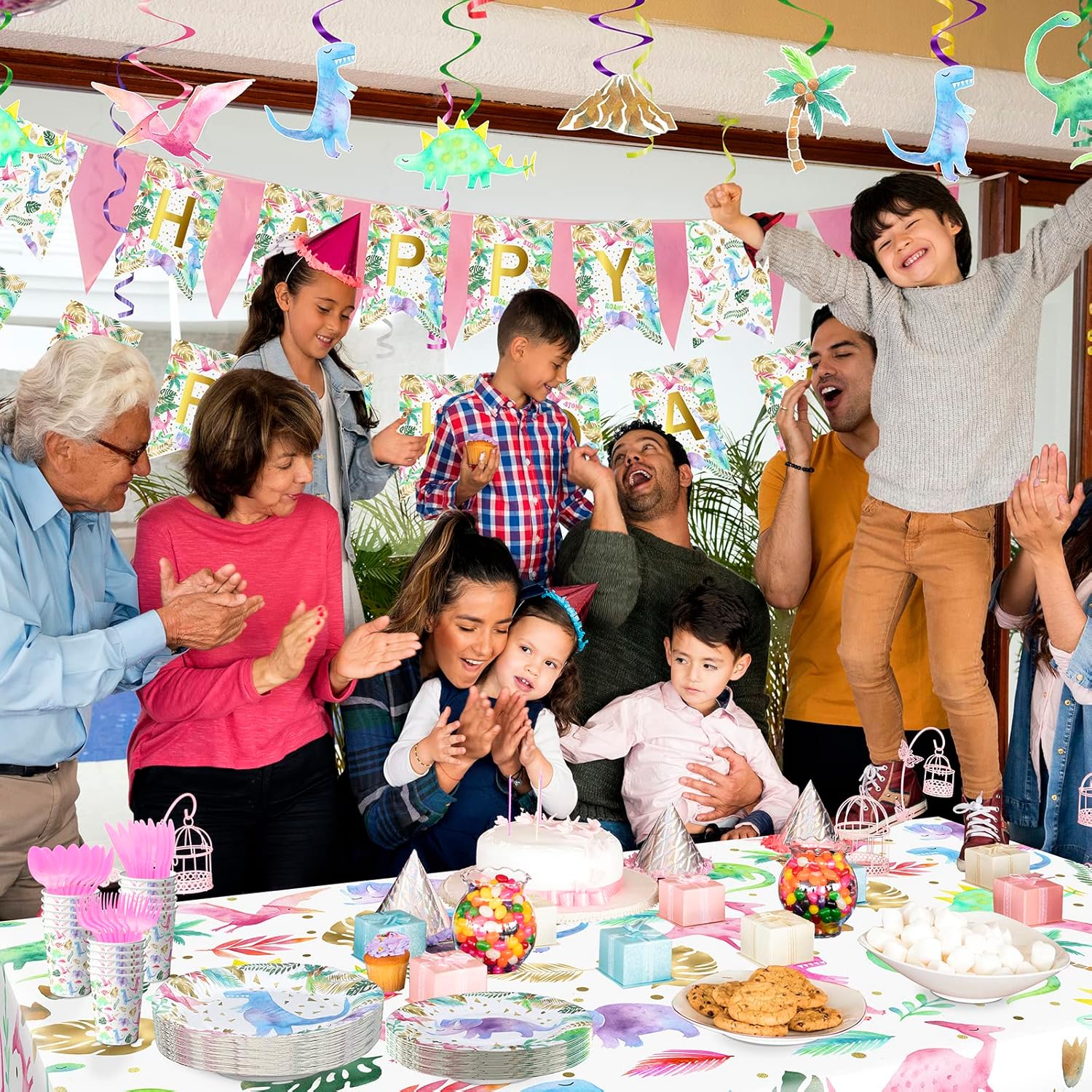 Juego de vajilla de fiesta de dinosaurio de acuarela para niña, suministros para fiesta de cumpleaños de dinosaurio rosa, incluye platos para tartas