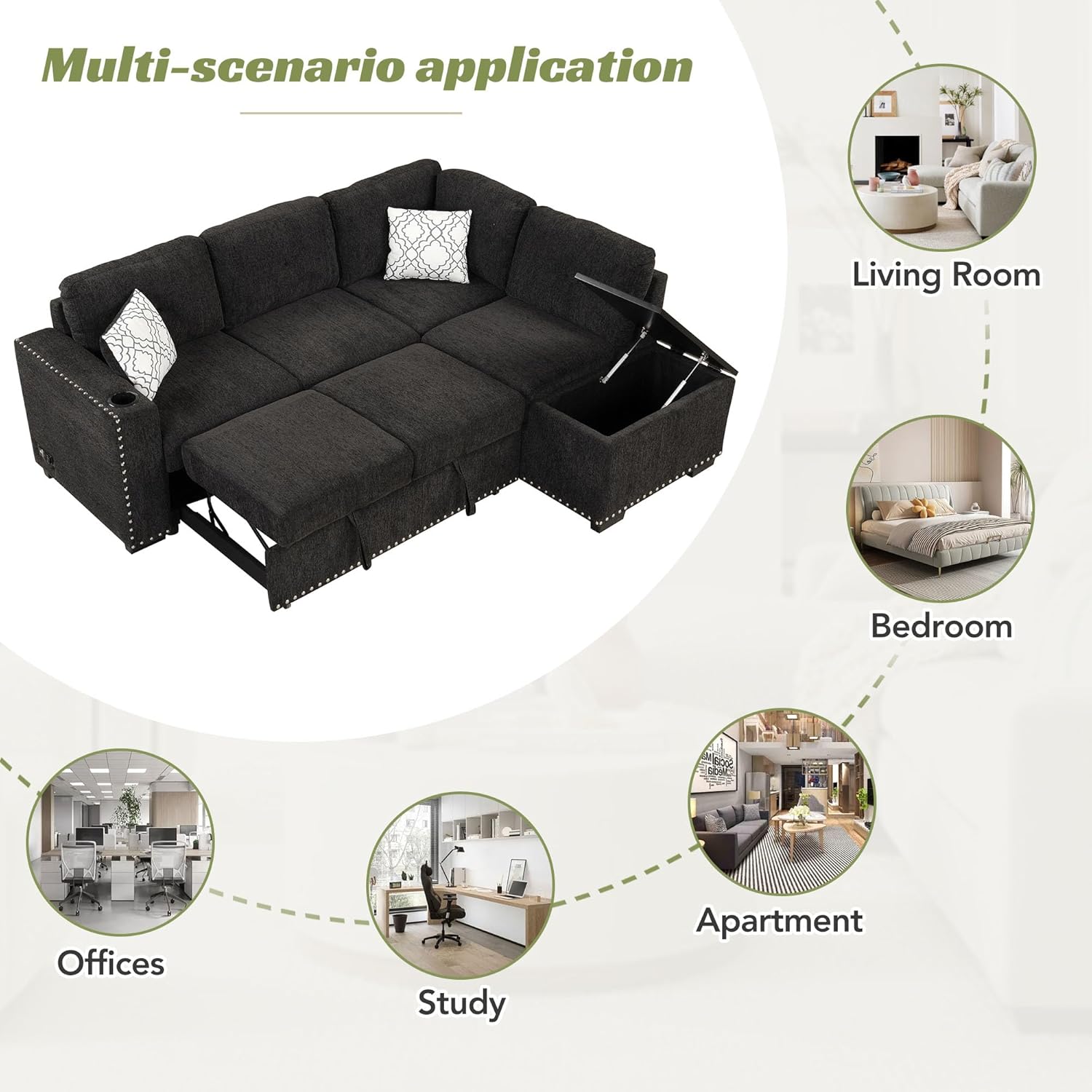 Sofá cama modular reversible de 83.8 pulgadas con diván de almacenamiento, sofá esquinero en forma de L con puertos USB y enchufes de corriente,