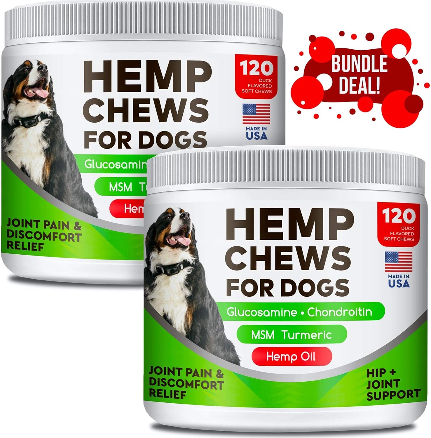 Combo de masticables de cáñamo + glucosamina para comedores exigentes, pato y tocino, suplemento avanzado de cadera y articulaciones con aceite de
