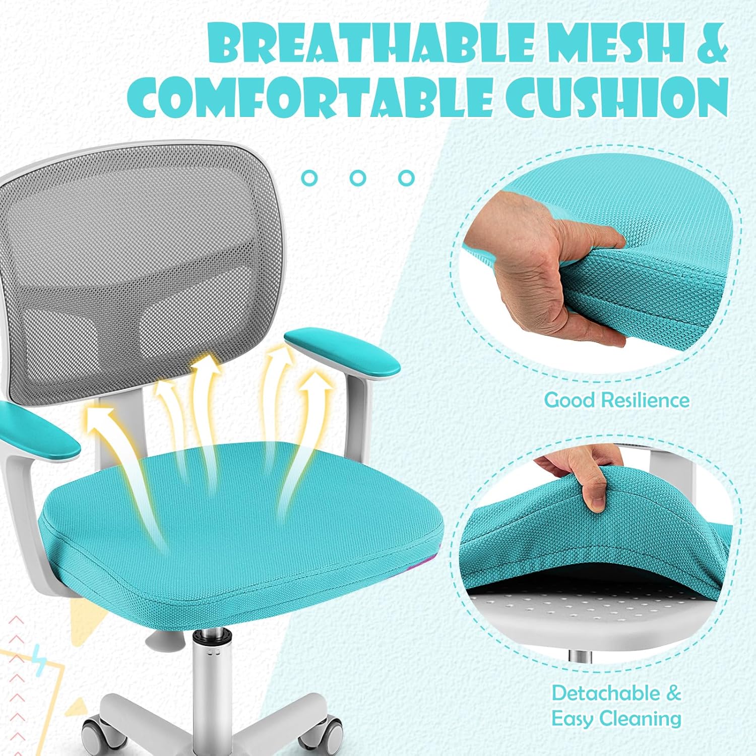 GLACER Silla de escritorio para niños con brazos, silla de estudio de malla ajustable de 330 libras con ruedas para niñas y niños, silla giratoria