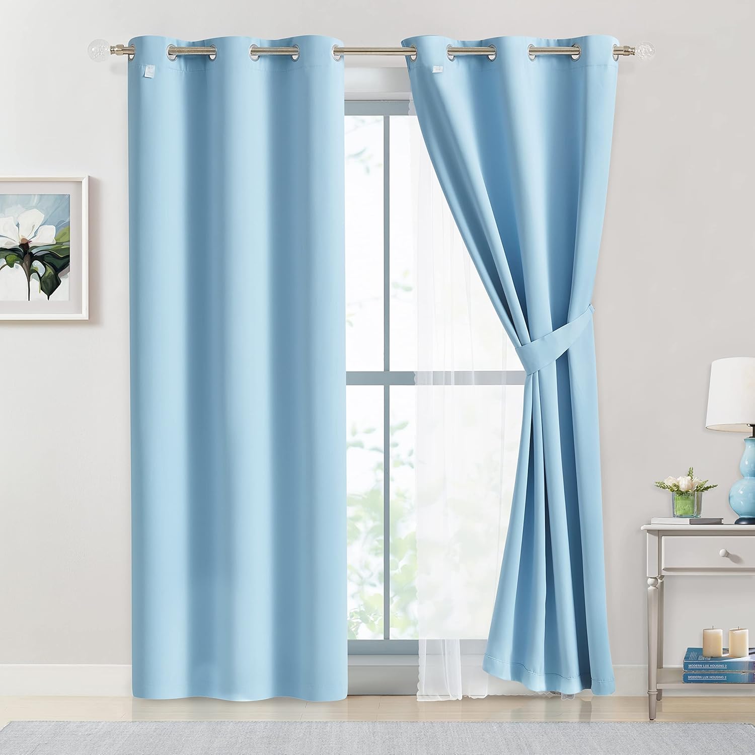 Cortinas 90% opacas de color azul cielo con superposición transparente, mezcla y combinación, paneles de ventana de doble capa con aislamiento