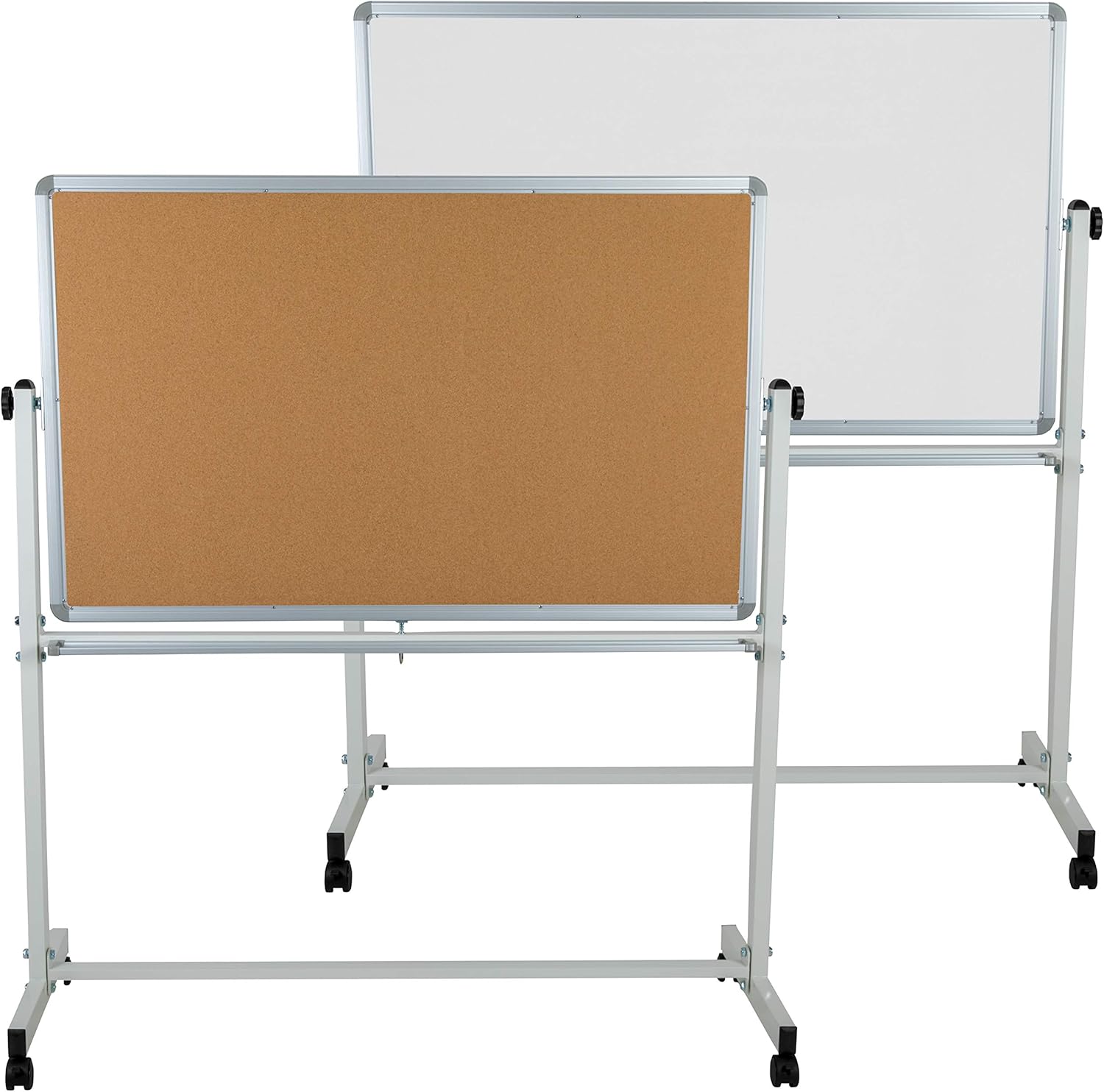 EMMA + OLIVER Tablero de anuncios de corcho móvil reversible de 53 pulgadas de ancho x 59 pulgadas de alto y tablero blanco con bandeja para