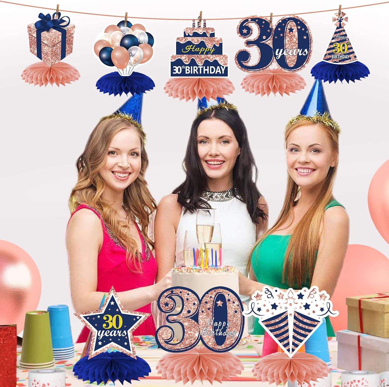 Turypaty Decoraciones de 30 cumpleaños color oro rosa, azul marino, centros de mesa de panal de abeja, 8 piezas de centros de mesa de cumpleaños de