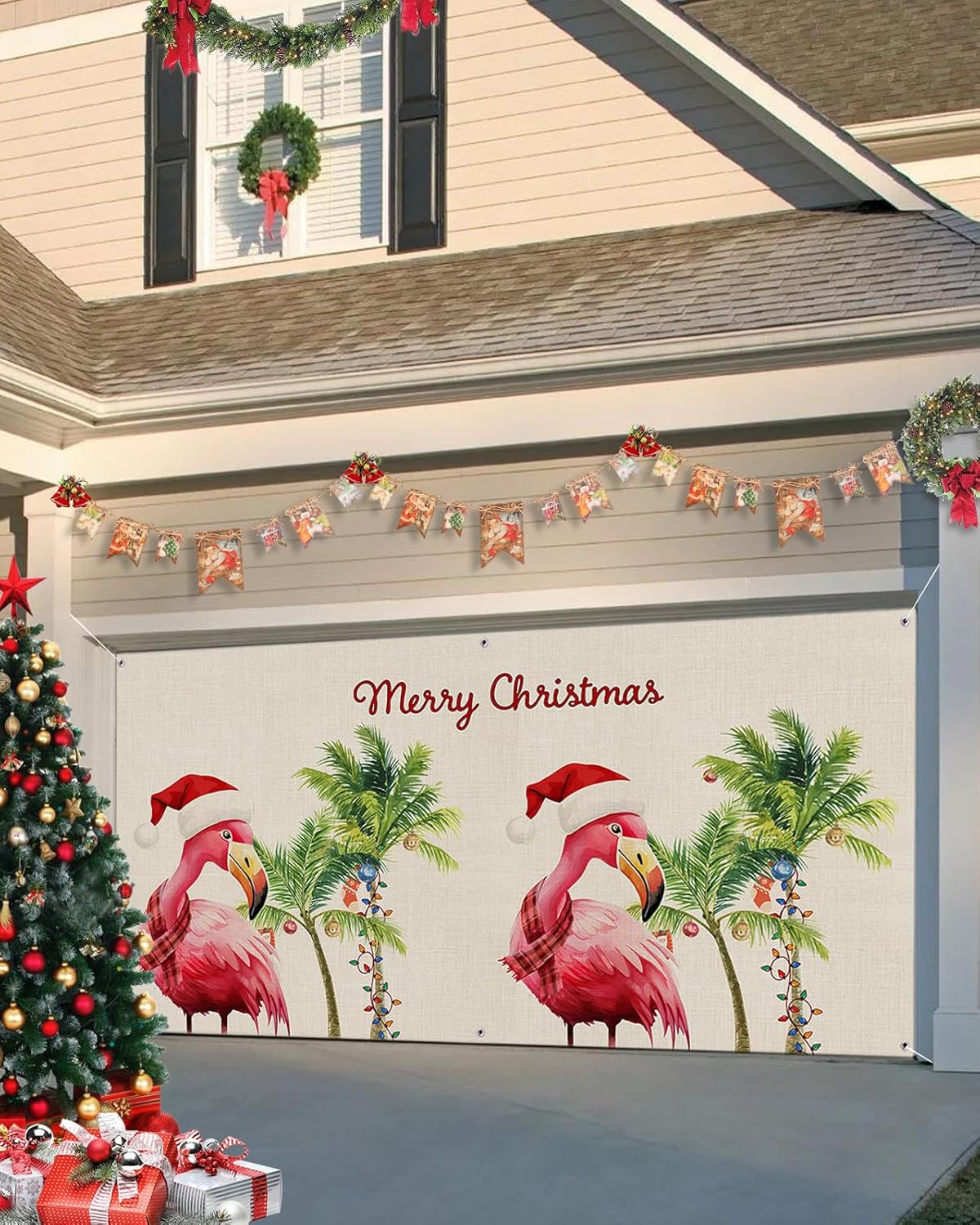 Pancarta de Navidad para puerta de garaje, 7 x 16 pies, Feliz verano, Navidad, isla de Santa Claus, búfalo negro, decoración de puerta de garaje,