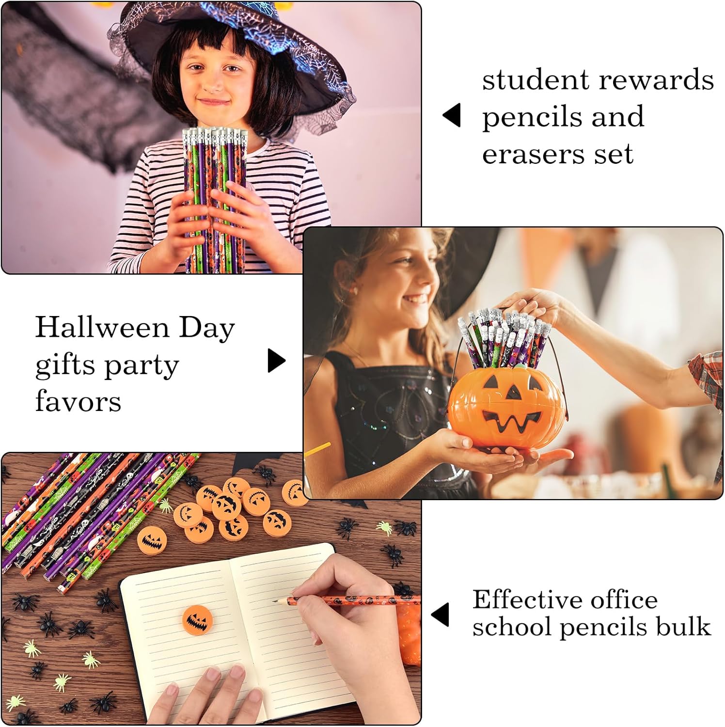 48 lápices de Halloween con 48 piezas de borradores de calabaza 3D a granel para niños, estudiantes, bolsas de regalo, regalos para oficina,