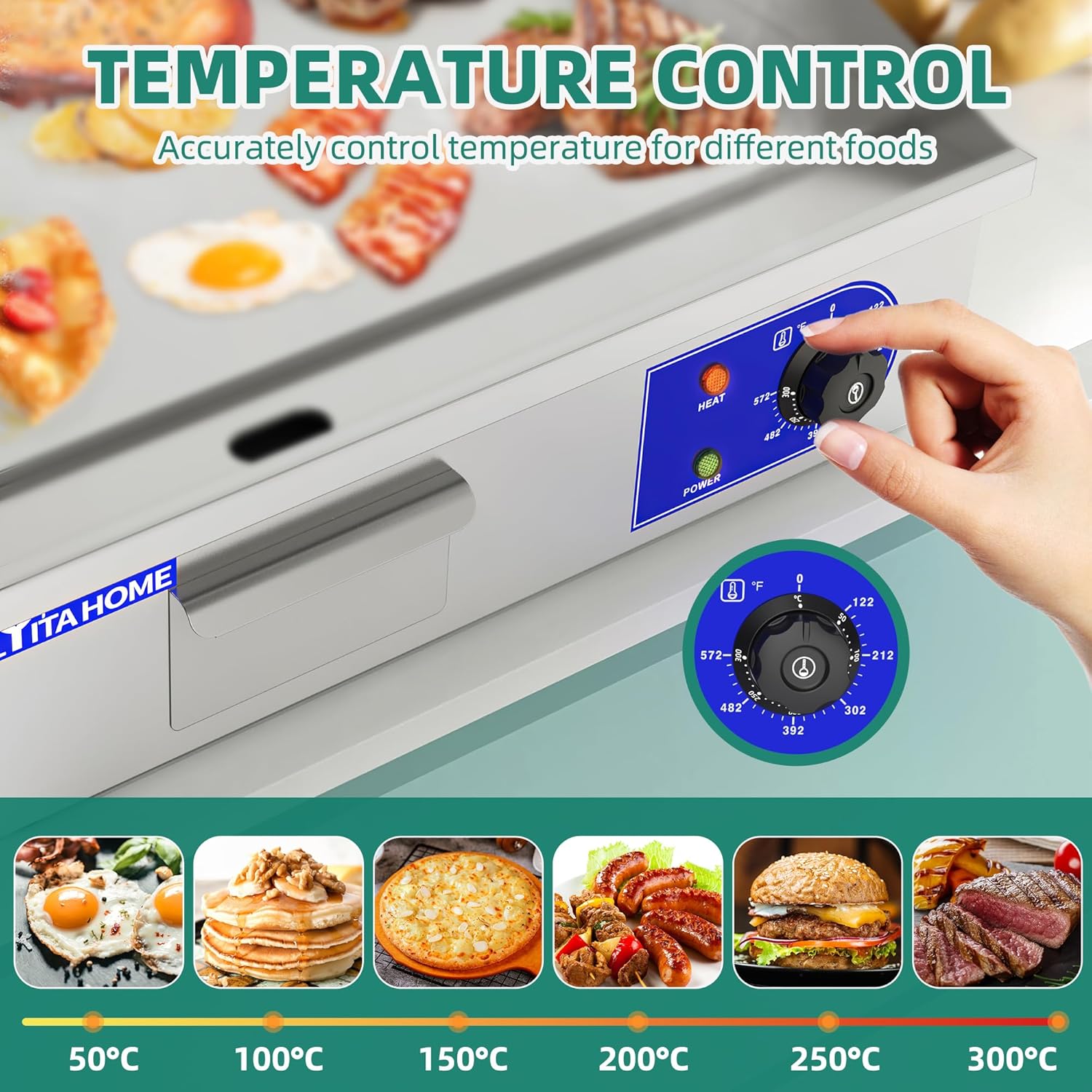 YITAHOME Plancha eléctrica comercial de 22 pulgadas con mango de resorte, plancha comercial de 3000 W, parrilla Teppanyaki antiadherente para