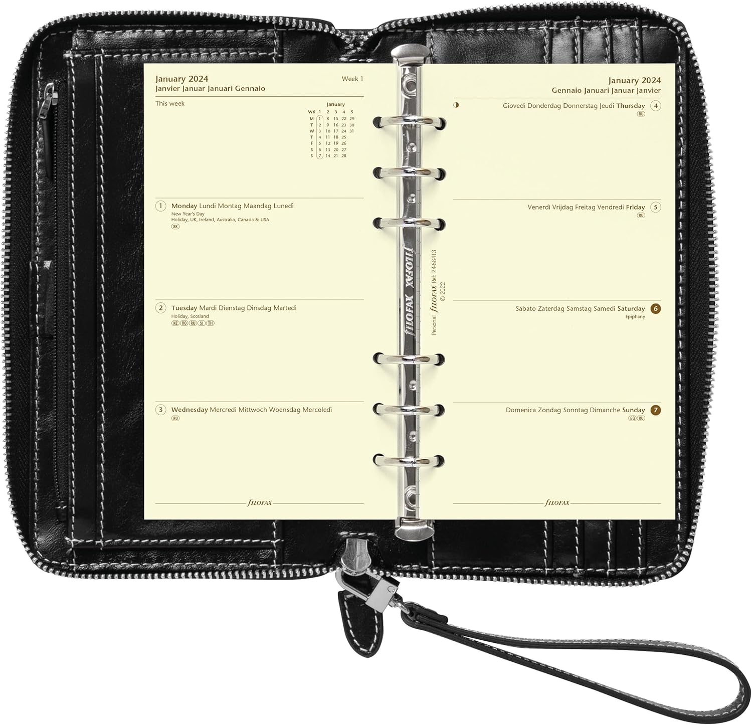 Filofax Malden – Organizador de cremallera, tamaño compacto personal, negro, táctil, piel de búfalo de grano completo, seis anillos, con calendario